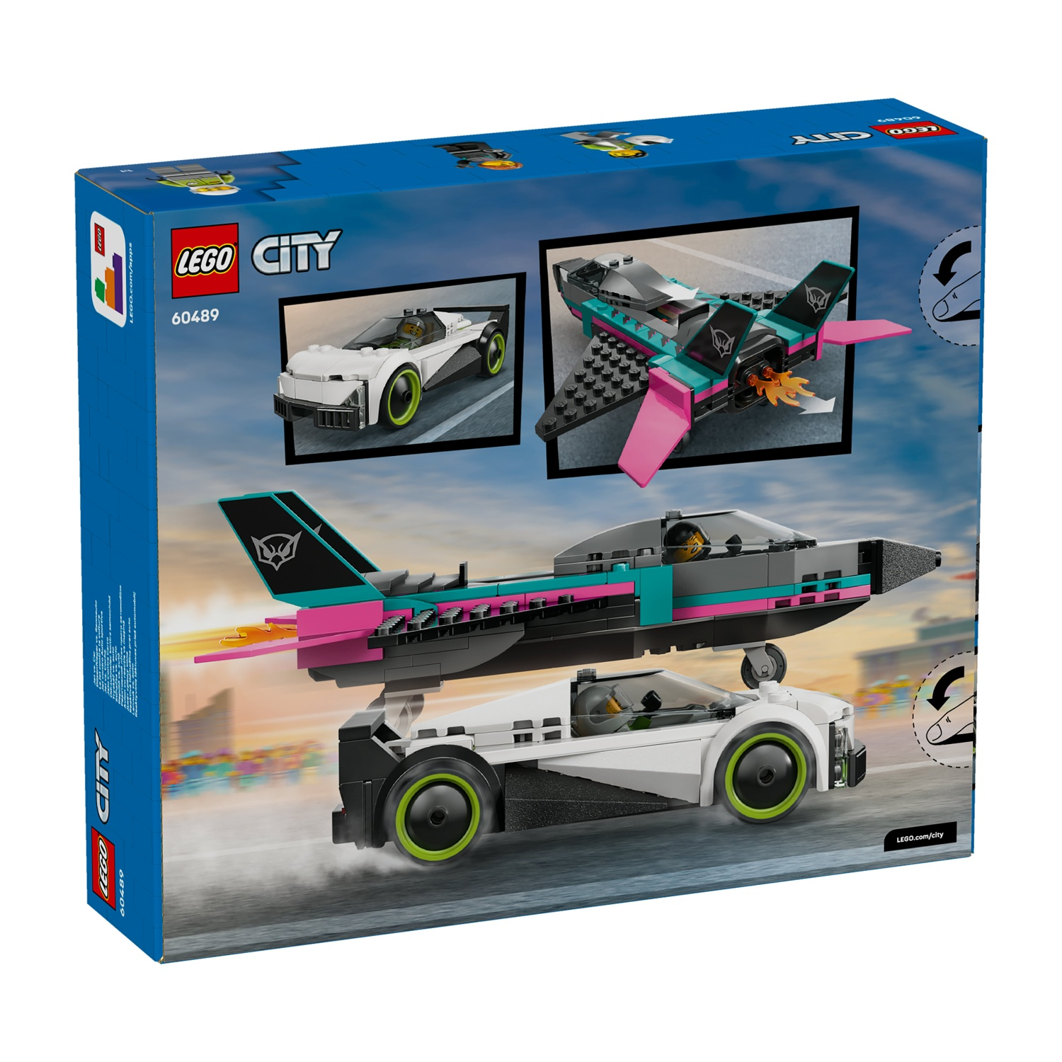 Illustrazione della scatola Lego City. Un'auto bianca e un jet nero, verde acqua e rosa. Il jet è sopra l'auto. La scatola è blu.