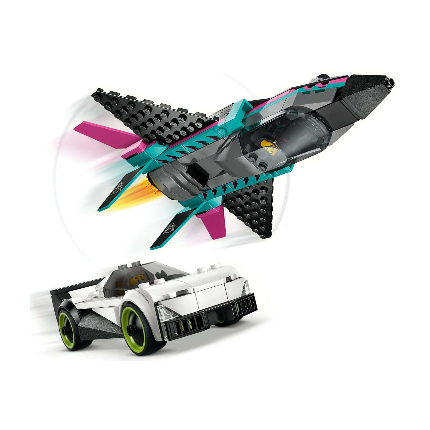 Un jet Lego e un'auto sportiva bianca sono mostrati. Il jet è verde acqua, nero e rosa. L'auto ha cerchi verdi. Entrambi sono su sfondo bianco.