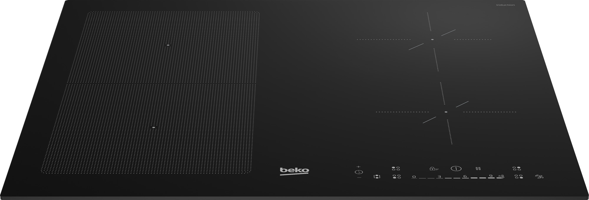 Czarna płyta indukcyjna z kropkowymi strefami gotowania i panelem sterowania. Widoczne logo Beko. Tekst indukcja u góry.