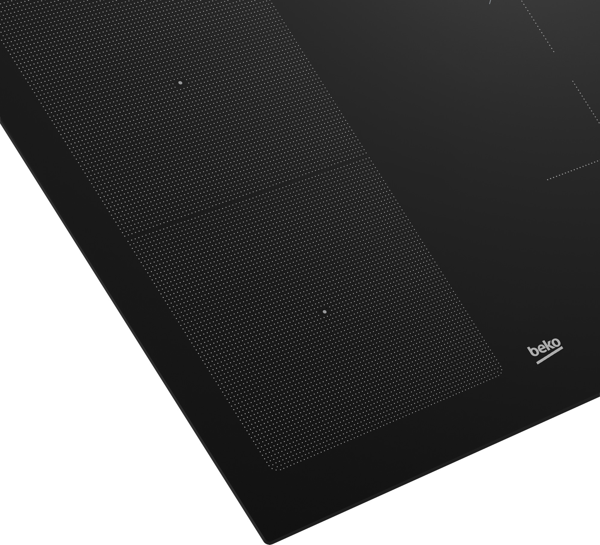 Zbliżenie czarnej płyty indukcyjnej. Biała kropkowana powierzchnia z elementami dotykowymi. Widoczne logo Beko.