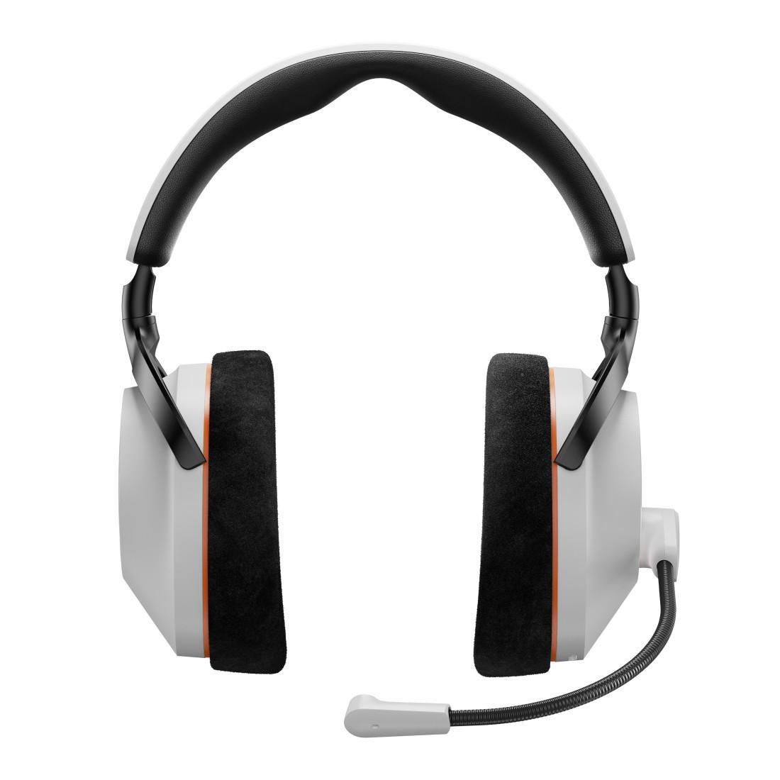 Weißes und schwarzes Gaming-Headset. Das Stirnband wölbt sich nach oben, die Ohrmuscheln haben schwarze Kissen und ein Mikrofon erstreckt sich von der linken Muschel.