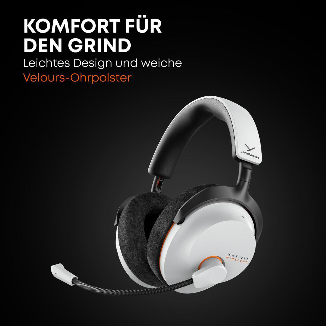 Weiße und schwarze Kopfhörer mit Mikrofon. Text oben: 'KOMFORT FÜR DEN GRIND', 'Leichtes Design und weiche Velours-Ohrpolster'.