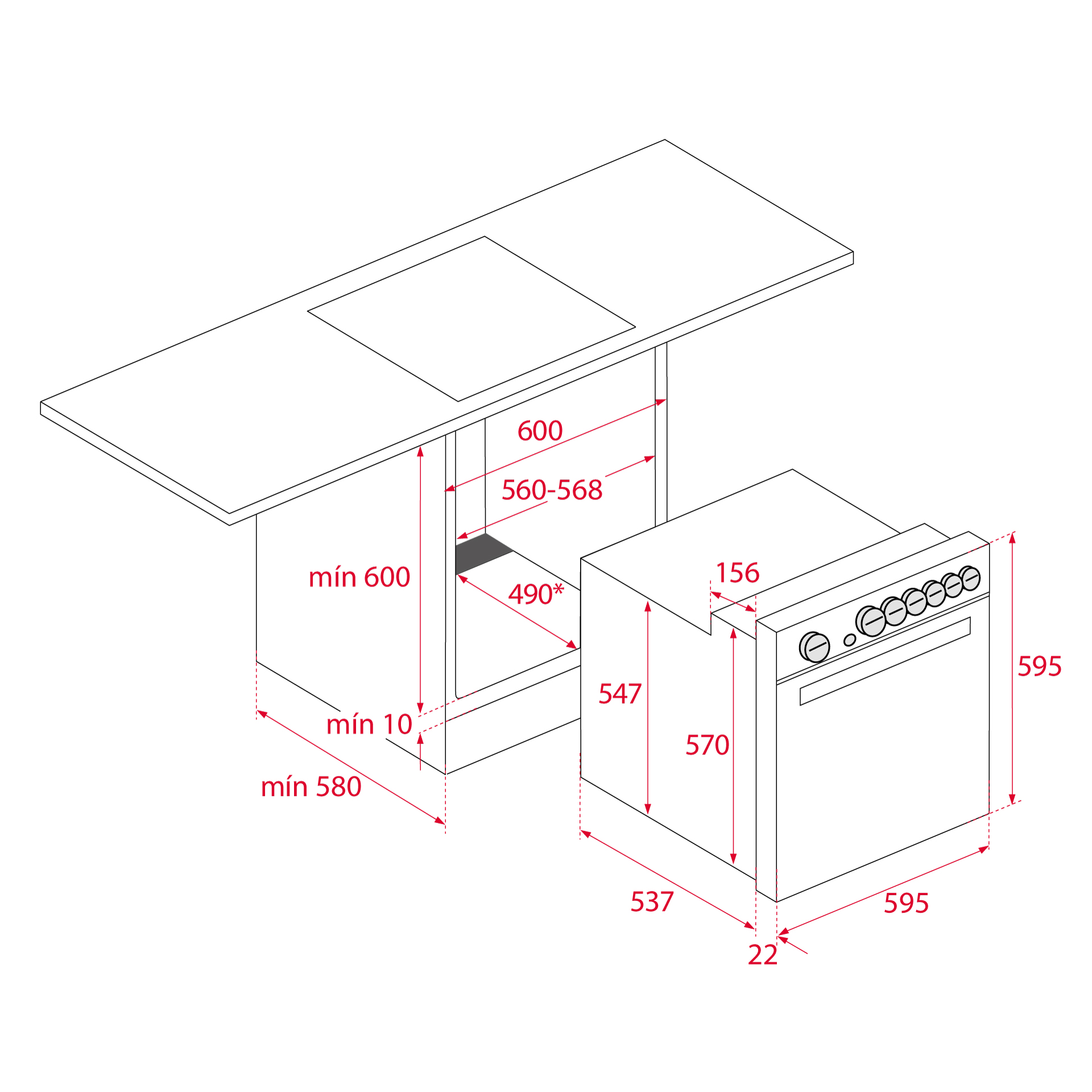 Diagrama de una configuración de cocina con medidas para una encimera, un horno y el espacio entre ellos.