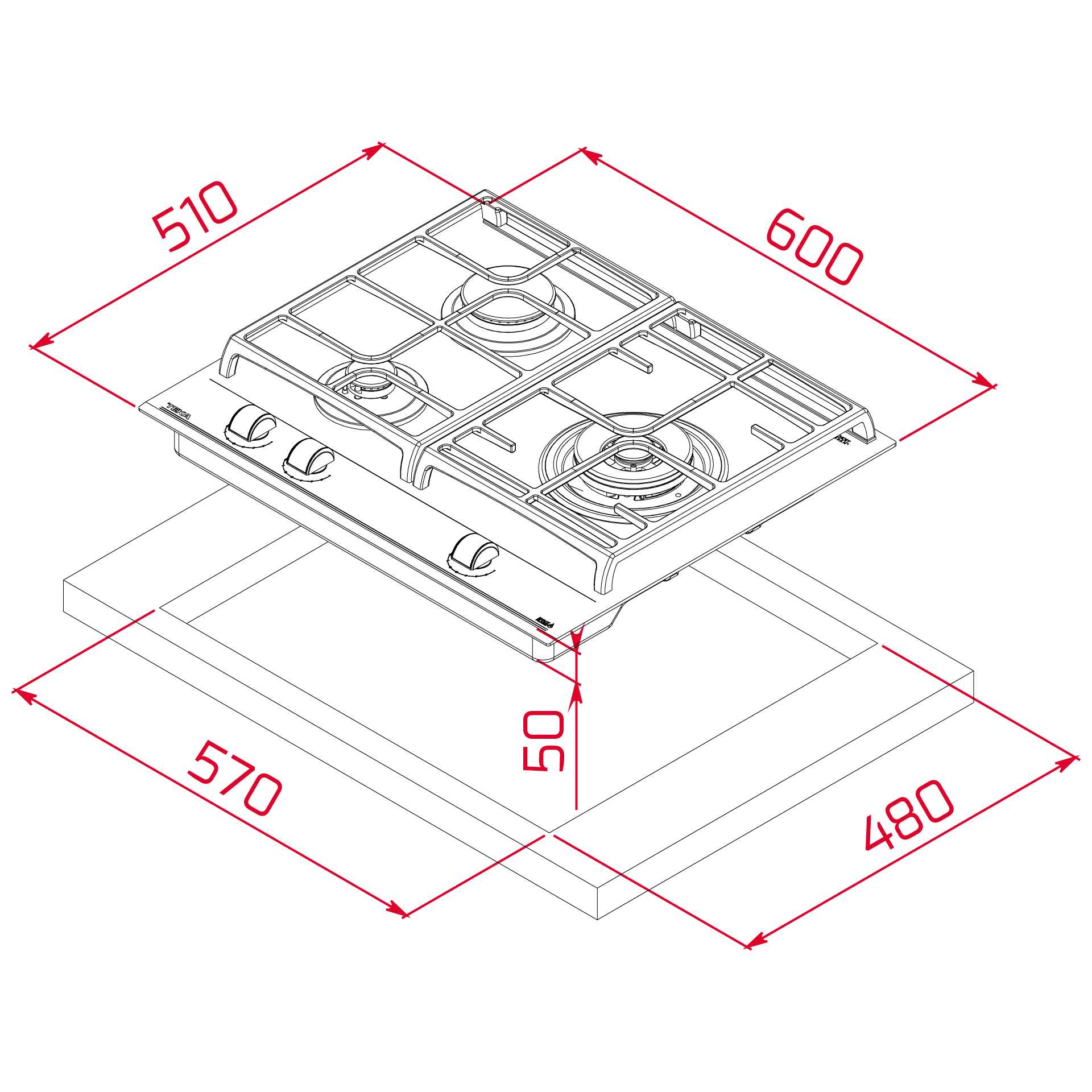 Vista isométrica de una cocina de gas con dimensiones indicadas. La cocina está sobre una superficie blanca, con líneas de dimensión rojas.