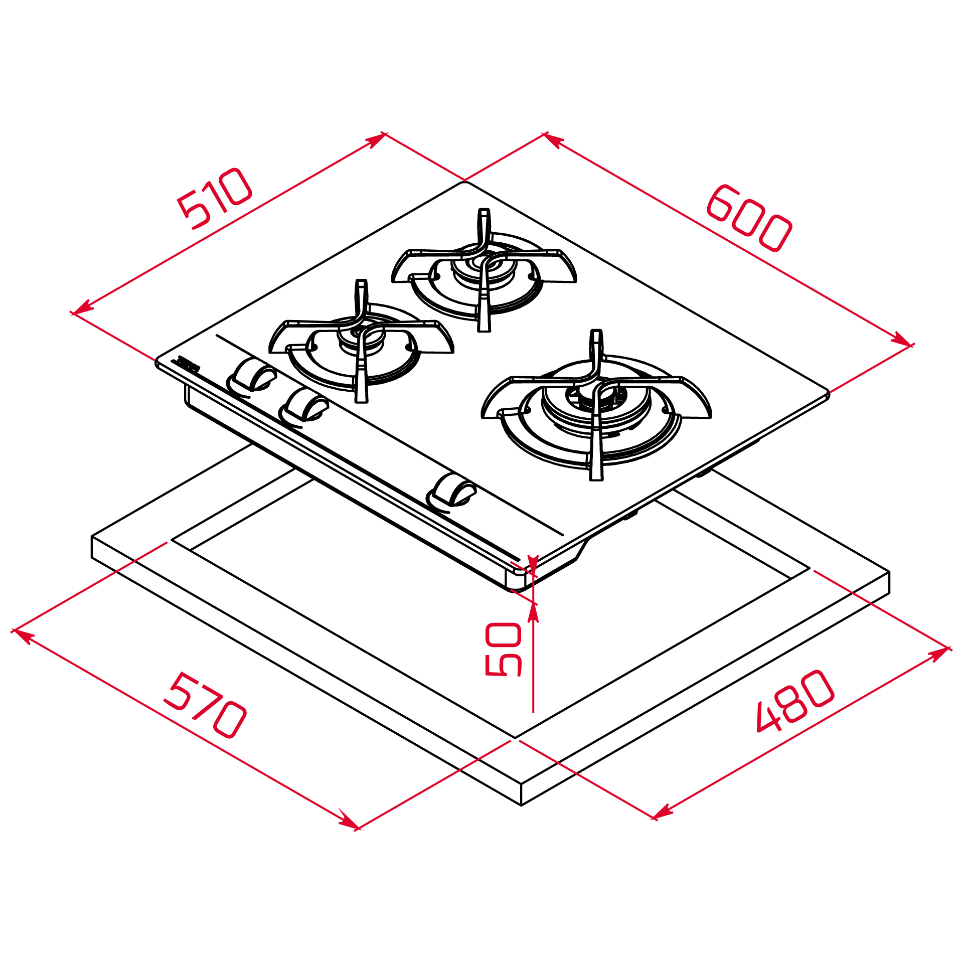 Diagrama de una estufa de gas con dimensiones. Tiene tres quemadores, perillas de control y está colocada en un marco rectangular.