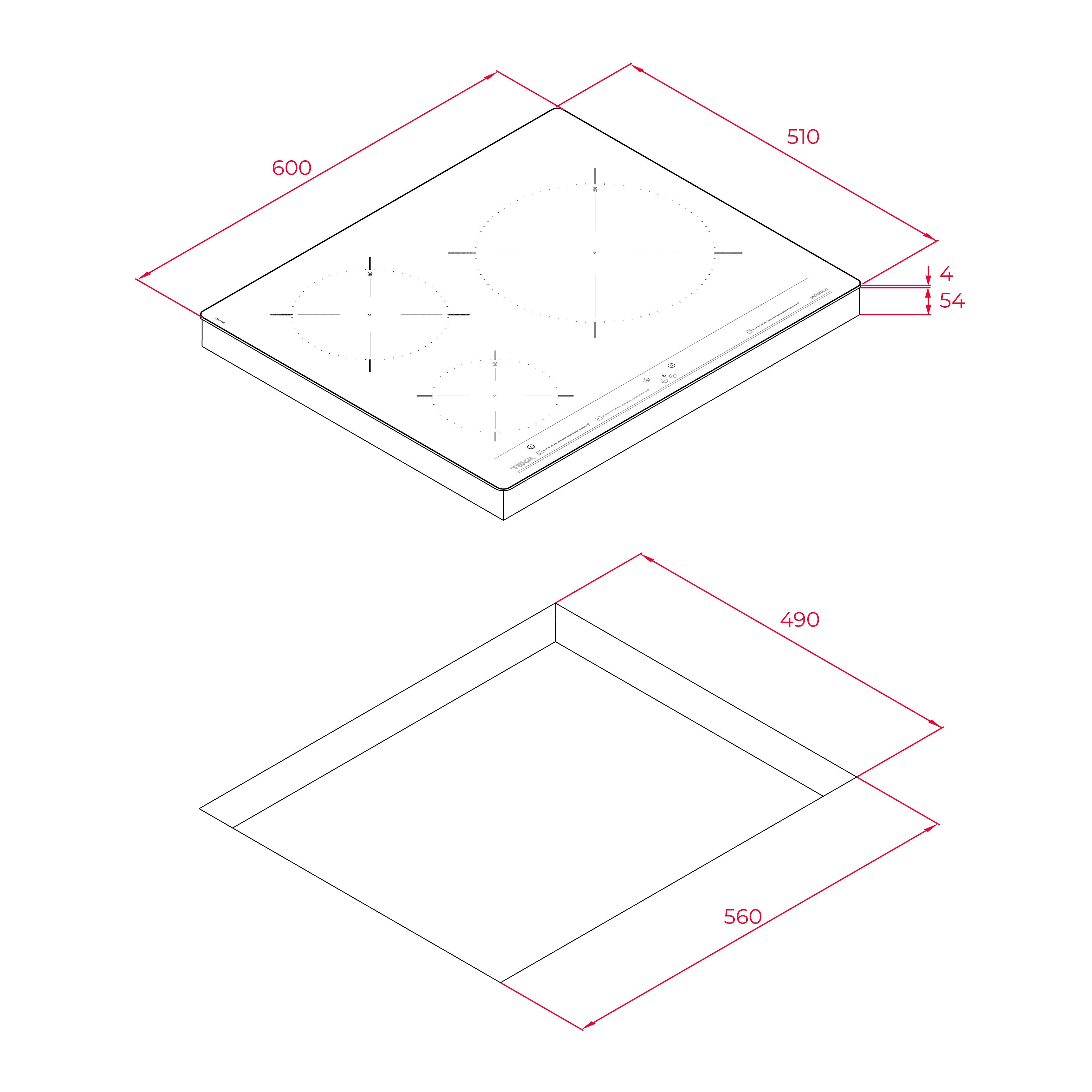 Diagrama de una encimera blanca con dimensiones y una forma rectangular inferior, etiquetada con medidas en rojo.