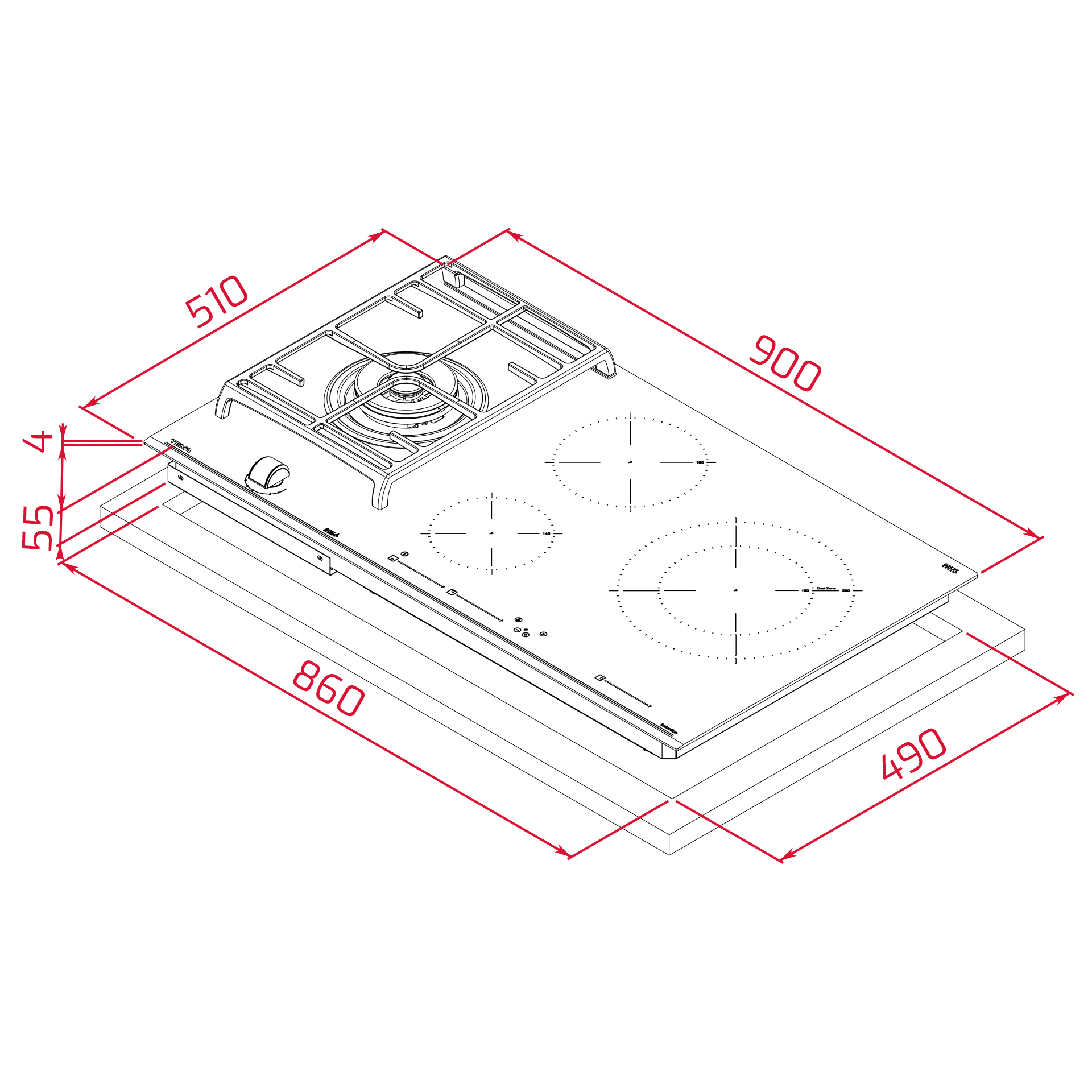 Diagrama de una encimera con dimensiones en rojo. Tiene quemadores de gas e inducción, con medidas en milímetros.