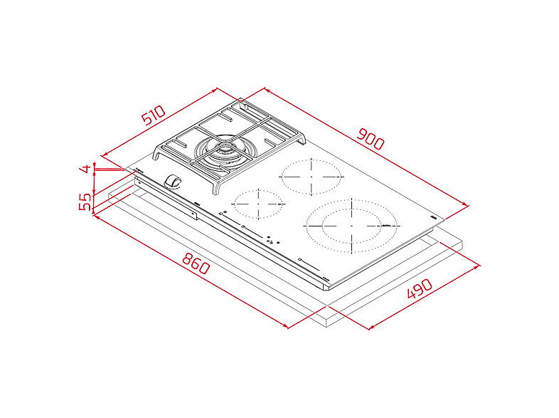 Placa híbrida | Teka JZC 94313 ABN, Inducción + Gas, 4 zonas, Zona