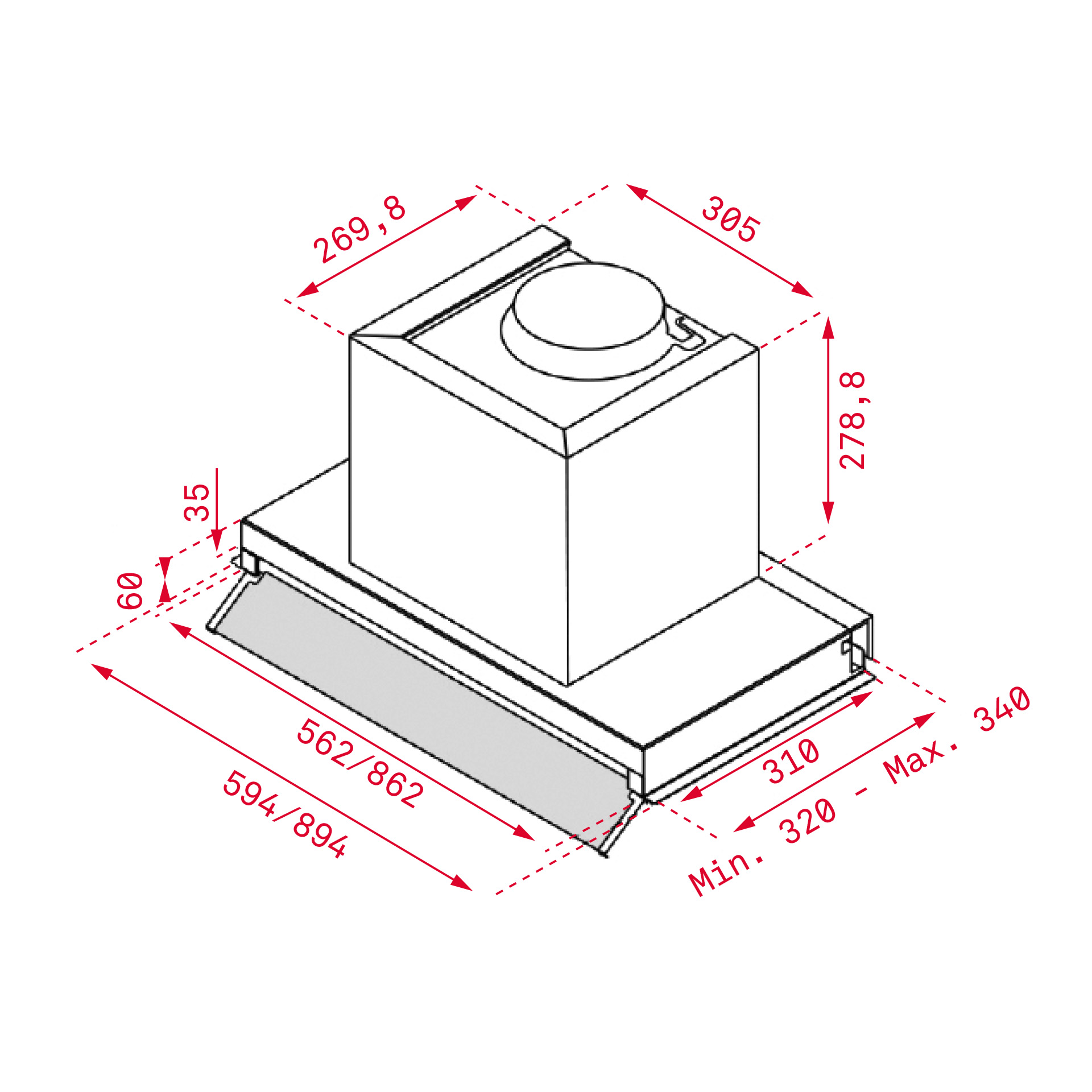 Vista isométrica de una campana extractora con dimensiones en rojo. Tiene forma de caja y un elemento circular en la parte superior.
