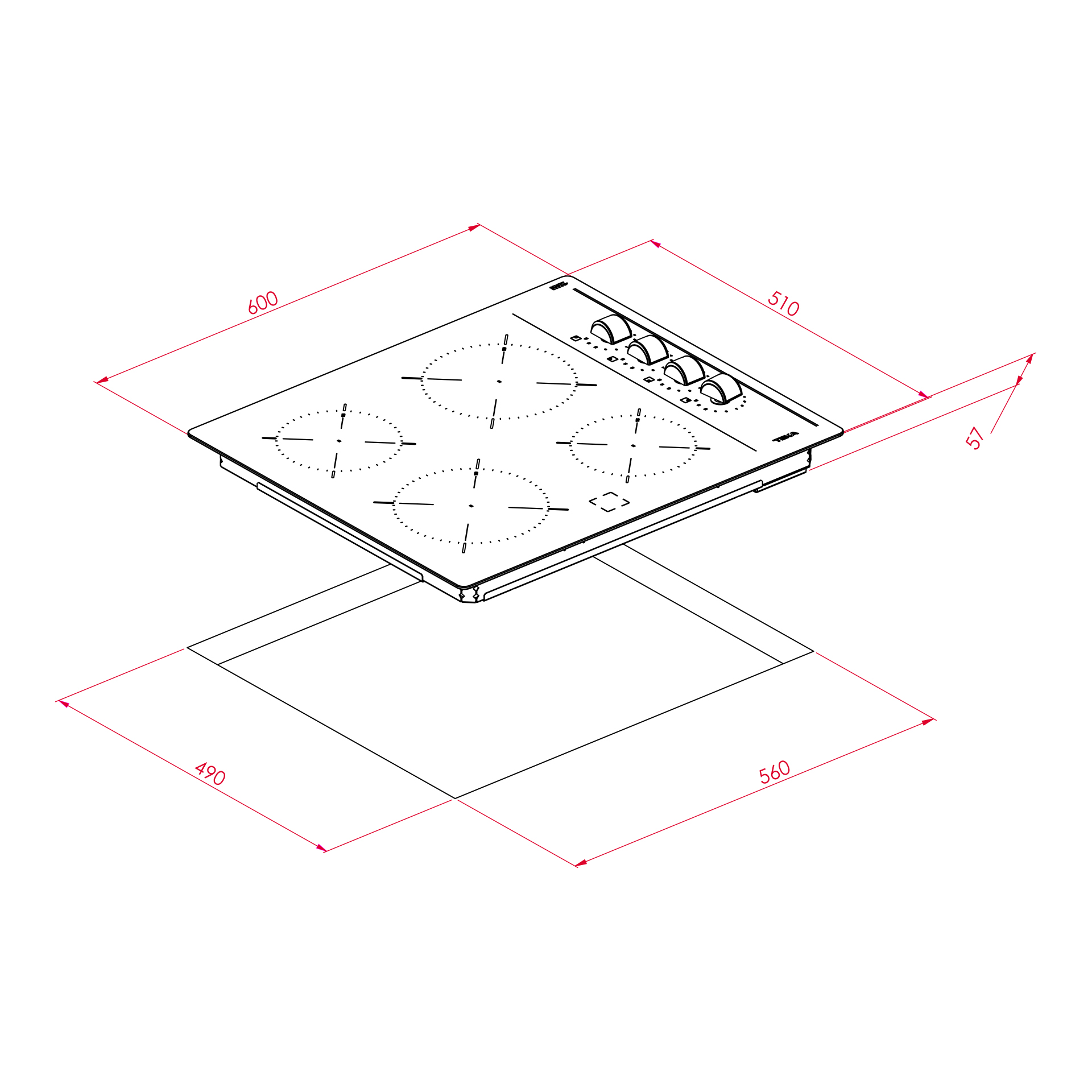 Diagrama de una encimera con dimensiones. Tiene 4 quemadores y mandos. Las dimensiones son rojas.