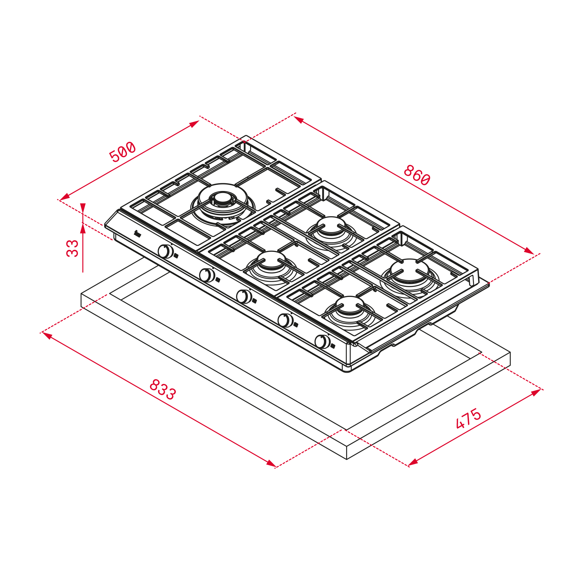 Vista isométrica de una cocina de gas con dimensiones indicadas. La cocina está sobre una base rectangular.