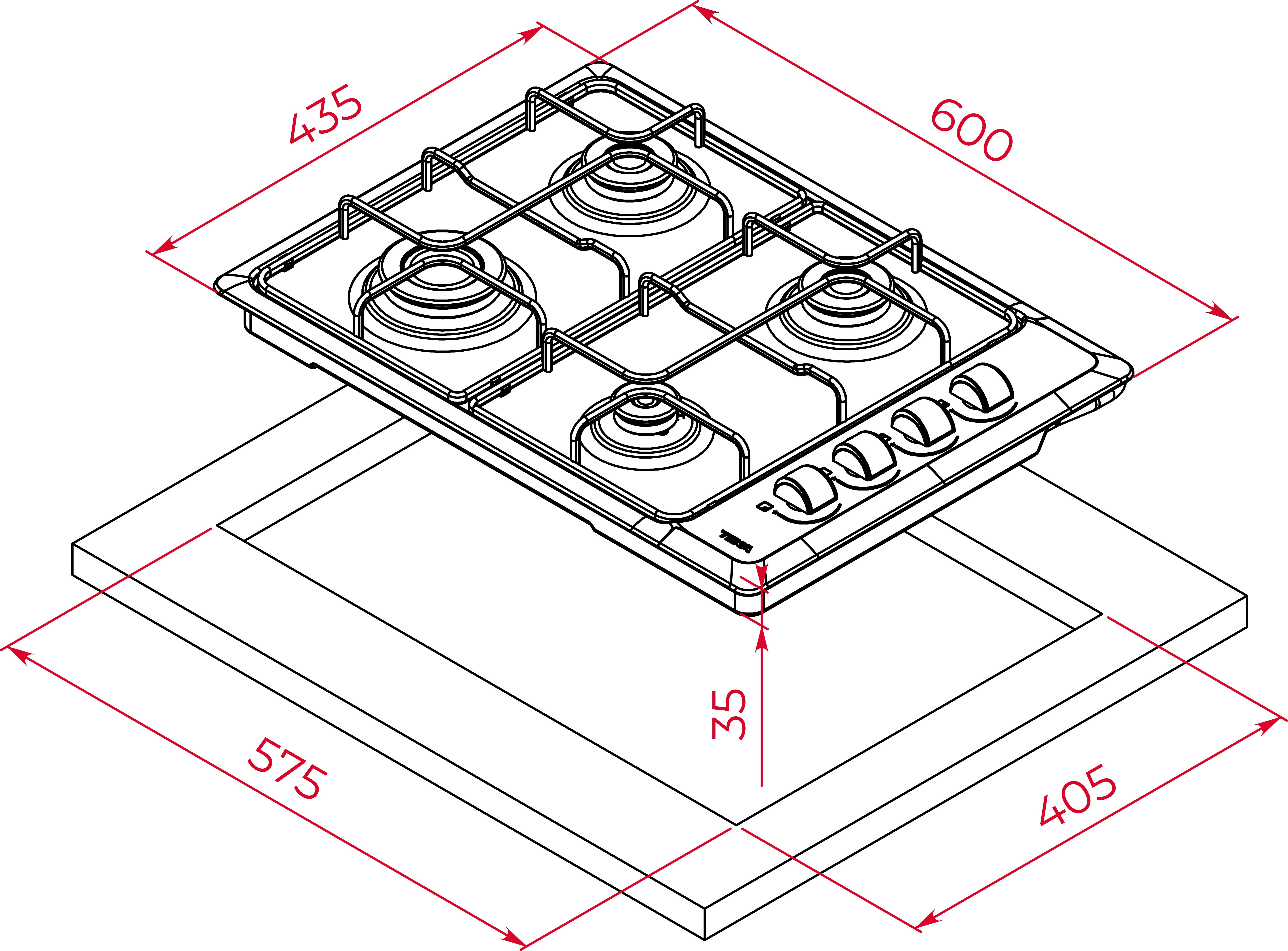 Vista isométrica de una encimera con dimensiones. Tiene cuatro quemadores y mandos. La encimera está sobre un mueble.