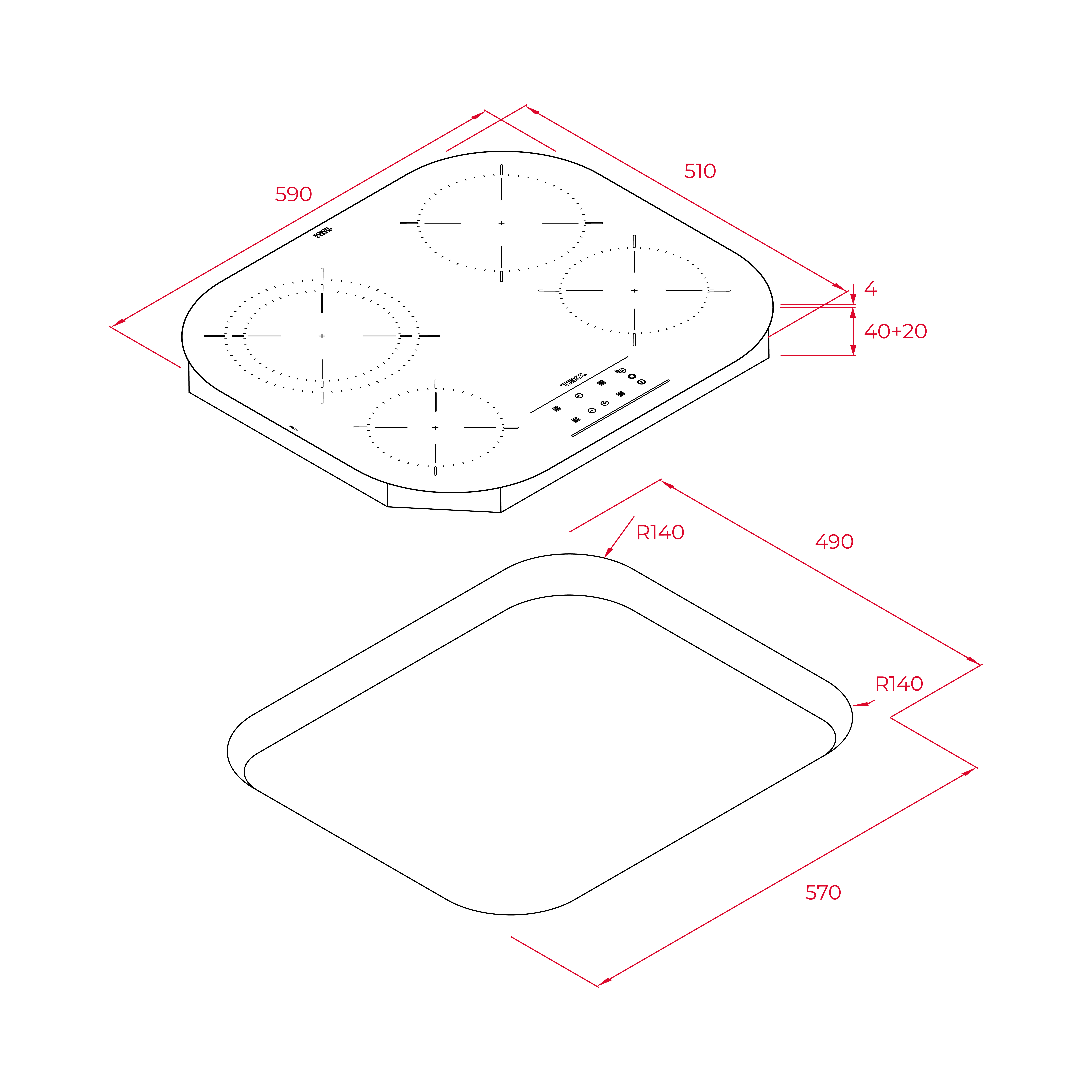 Dibujo técnico de una encimera y una bandeja inferior, con medidas y etiquetas.