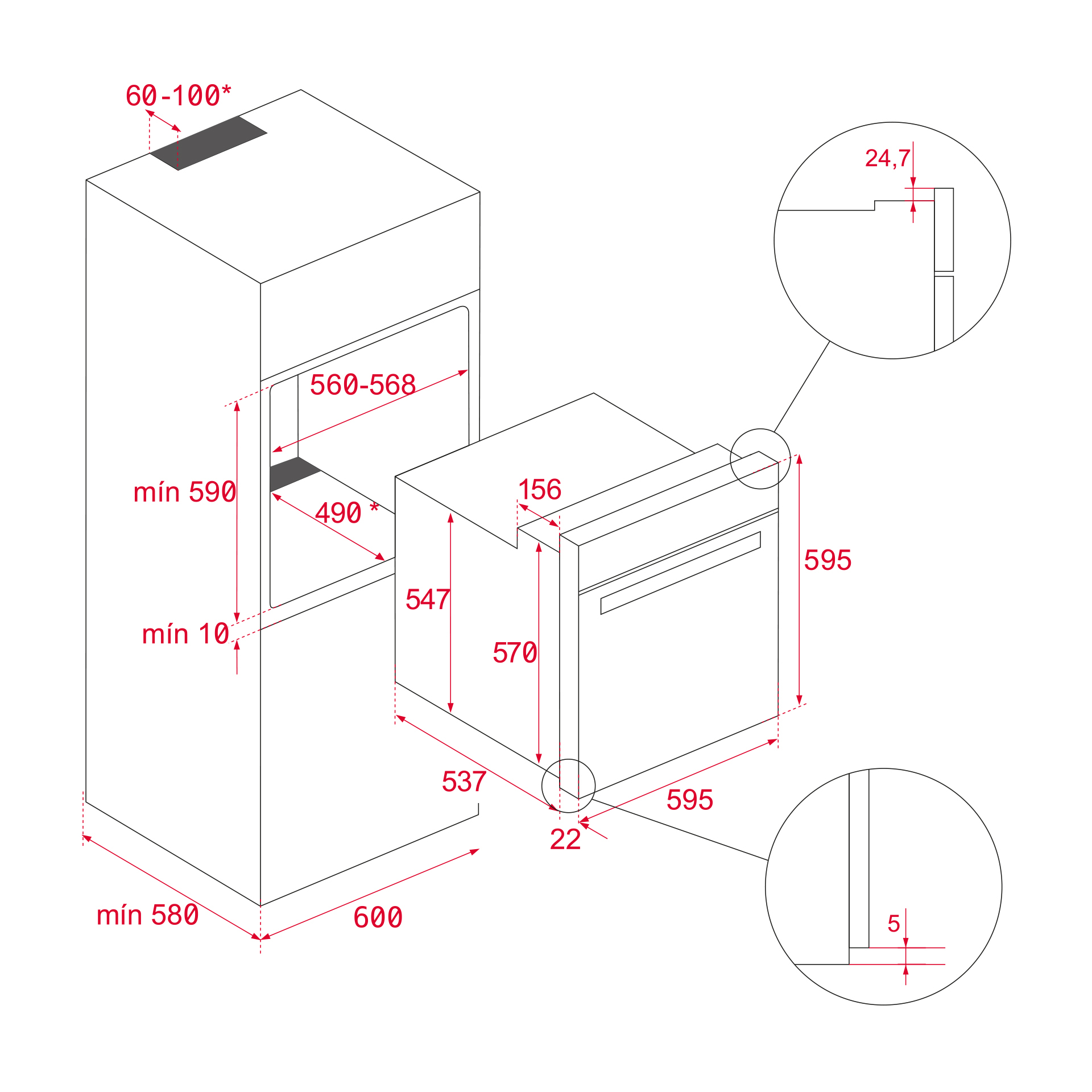 Diagrama de un horno y un armario. Las dimensiones se indican con líneas y números rojos. Se amplían los detalles del horno.