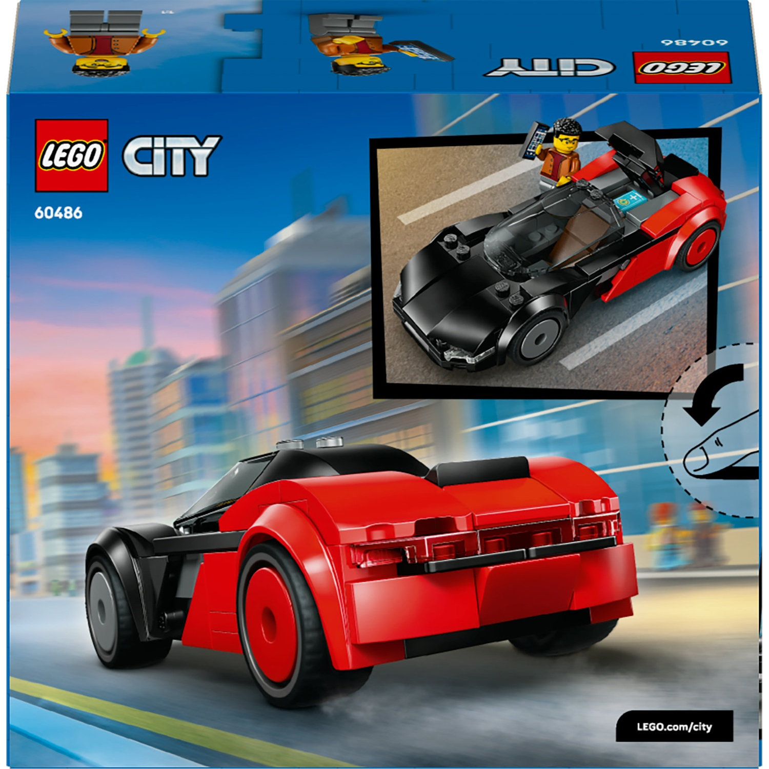 Scatola Lego City con un'auto da corsa rossa e nera. La scatola mostra l'auto e una minifigure. Lo sfondo è una città sfocata.