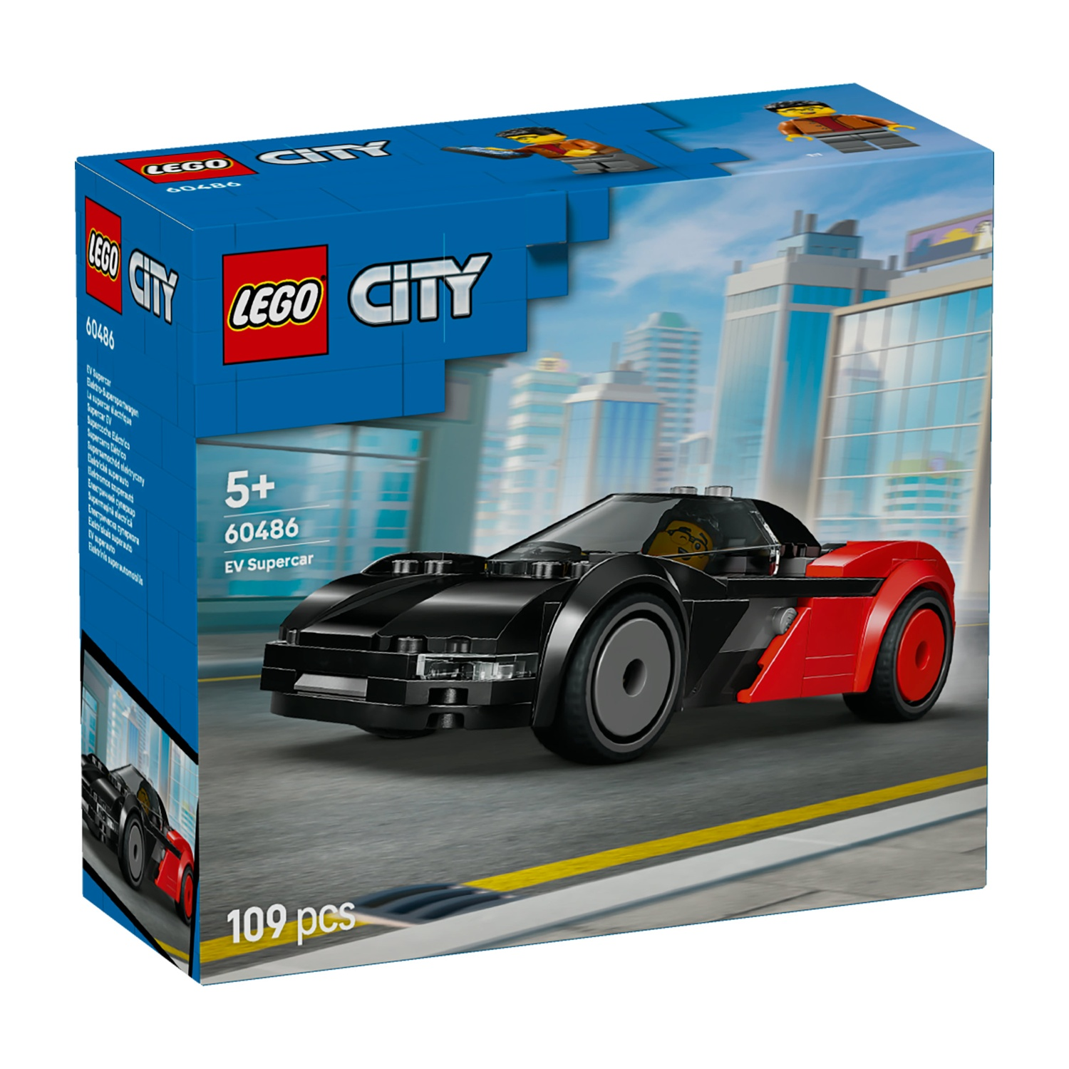 Una scatola Lego City mostra una supercar elettrica nera e rossa. La scatola ha uno sfondo urbano con un personaggio Lego. Dice 109 pezzi.
