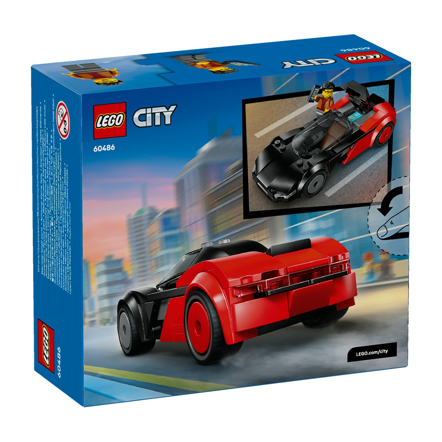 Una scatola Lego City mostra un modello di auto sportiva rossa e nera. La scatola presenta l'auto, una minifigure e il logo Lego City.