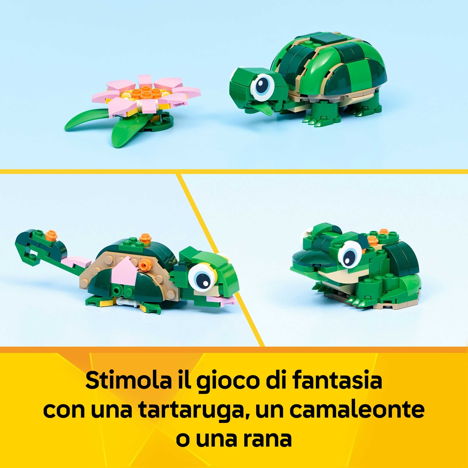 L'immagine presenta costruzioni Lego di un fiore, una tartaruga, un camaleonte e una rana. Tutti sono verdi, rosa e beige su sfondo blu.
