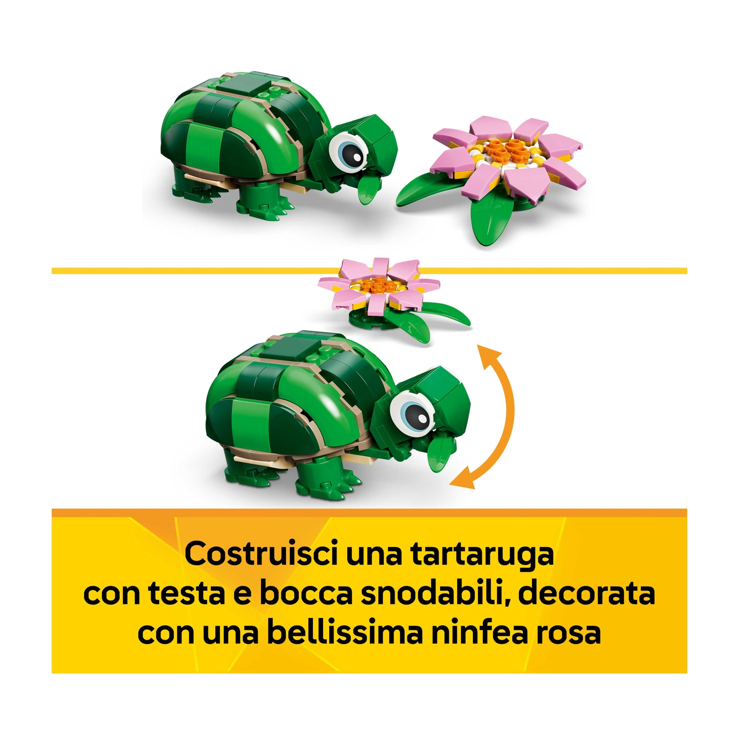 L'immagine mostra una tartaruga verde e un fiore rosa, entrambi fatti di blocchi. La tartaruga ha la testa mobile. Testo in italiano.