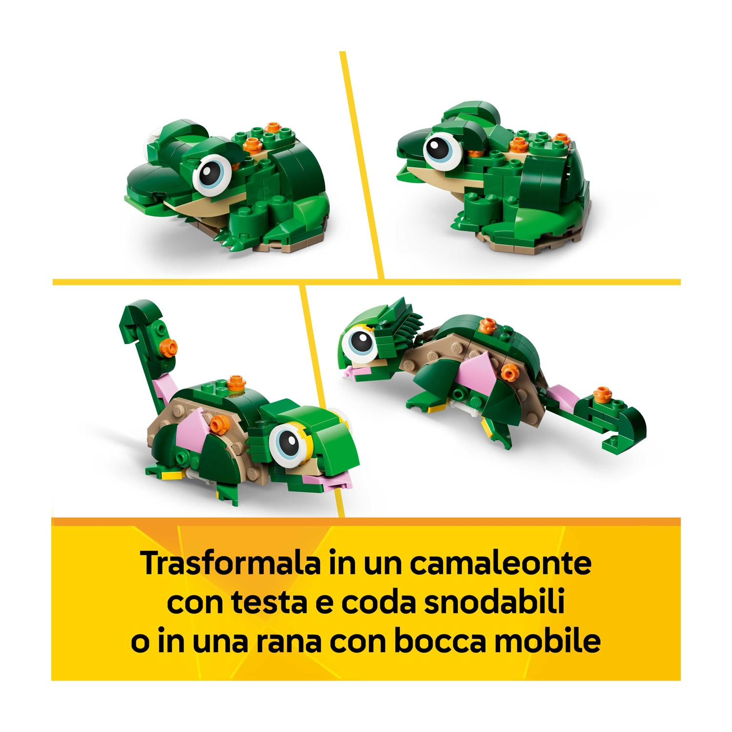 L'immagine mostra costruzioni Lego di una rana e di un camaleonte. La rana è verde con occhi bianchi. Il camaleonte è verde, rosa e marrone.