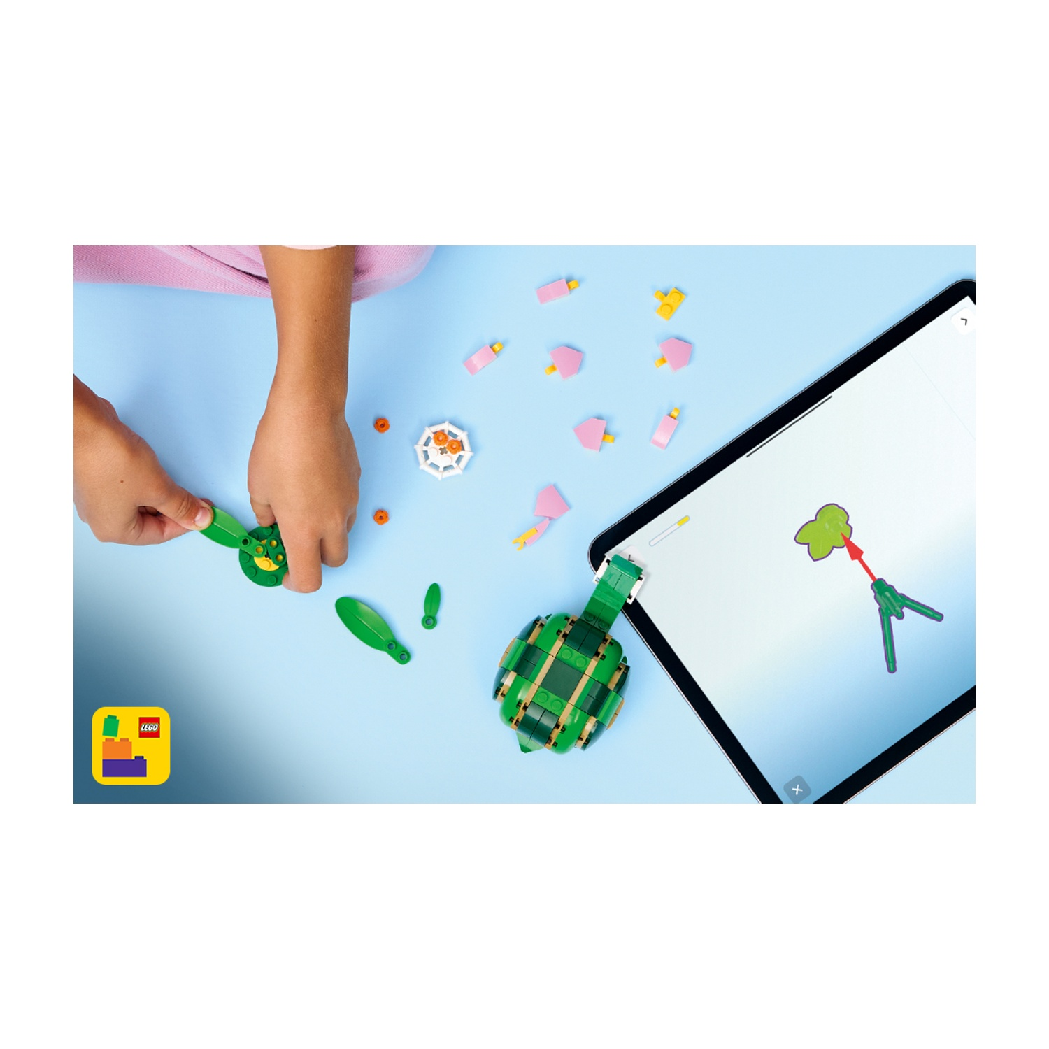 Mani che assemblano un set Lego verde, con istruzioni su un tablet. Vari pezzi Lego sono sparsi su una superficie blu.