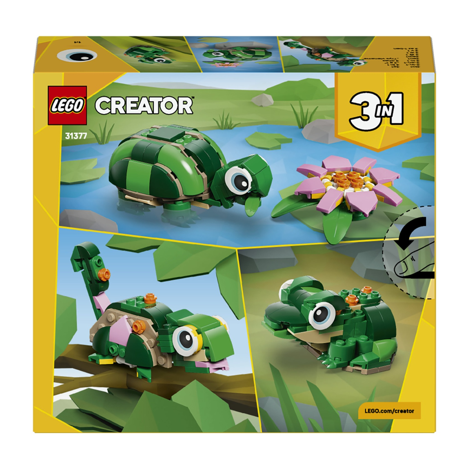 La scatola LEGO Creator mostra i modelli di tartaruga, rana e camaleonte. Mattoncini verdi, rosa e marroni creano gli animali.