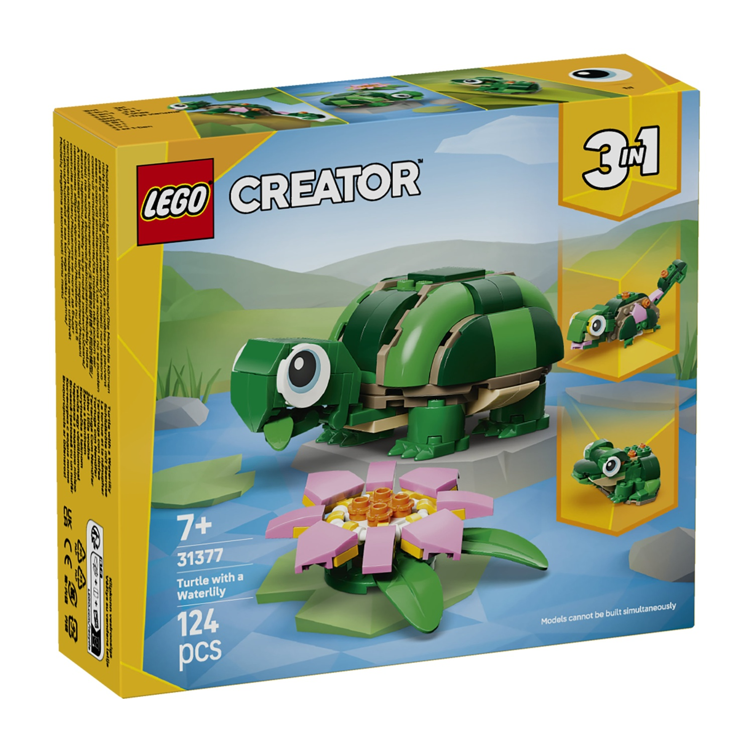 Set LEGO Creator. Una tartaruga verde e una ninfea sono costruite con blocchi. La scatola mostra la tartaruga, la rana e altre costruzioni.