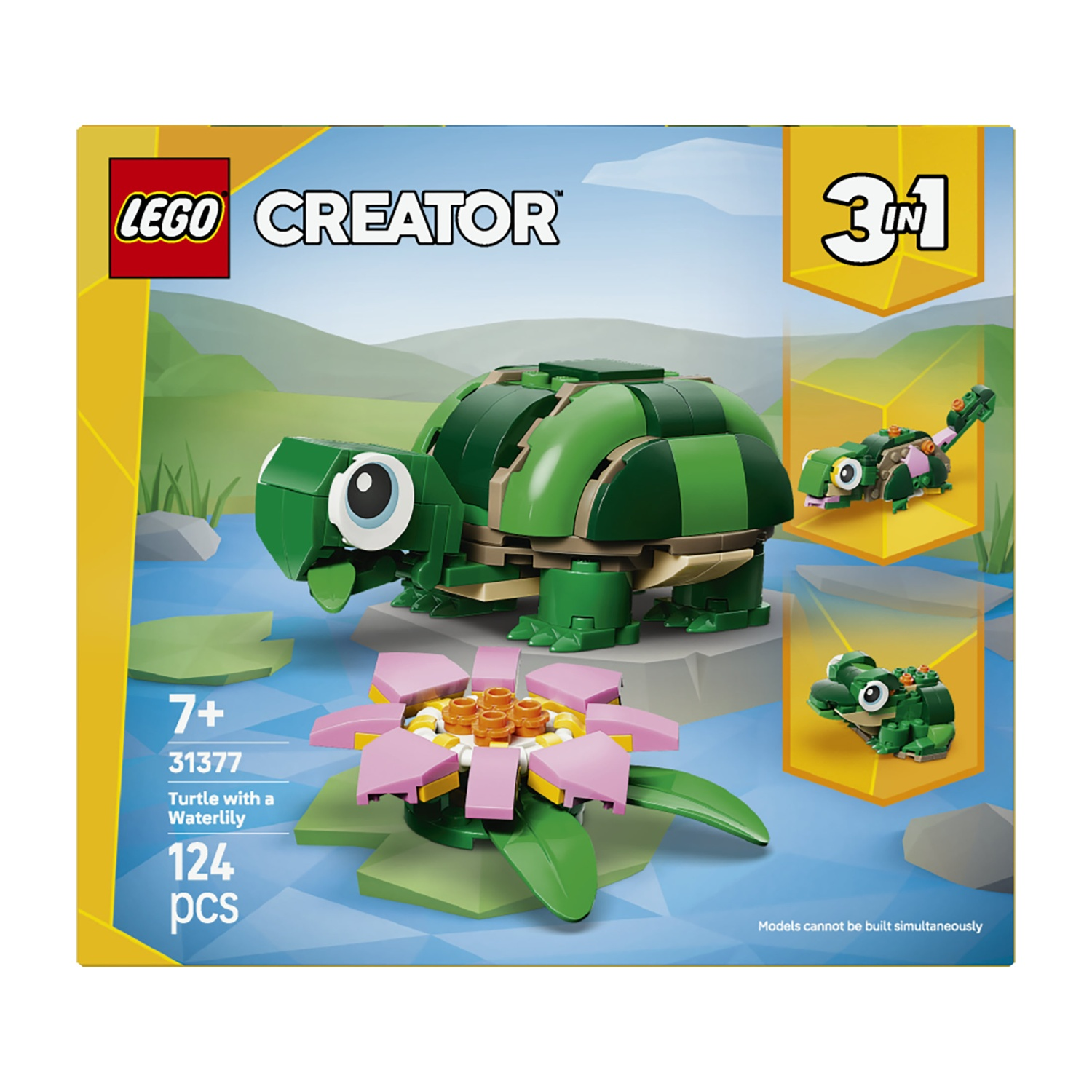 Set LEGO Creator con una tartaruga verde, una ninfea rosa e due modelli alternativi: una rana e un pesce.