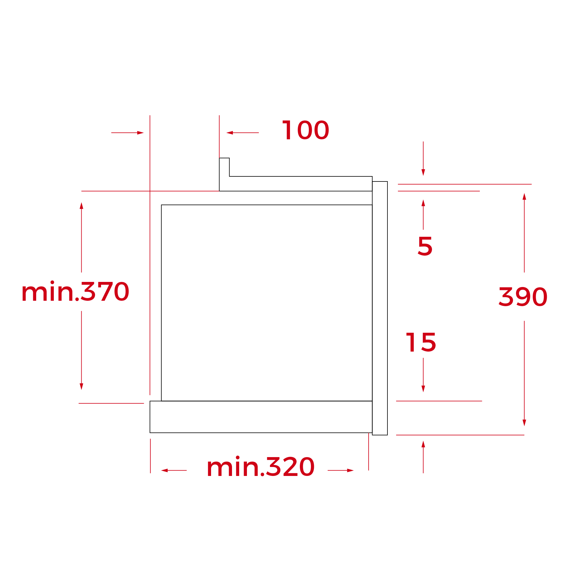 Diagrama que muestra dimensiones. Un rectángulo con medidas: ancho 100/min.320, alto 390/min.370, profundidad 5/15, todo en rojo.