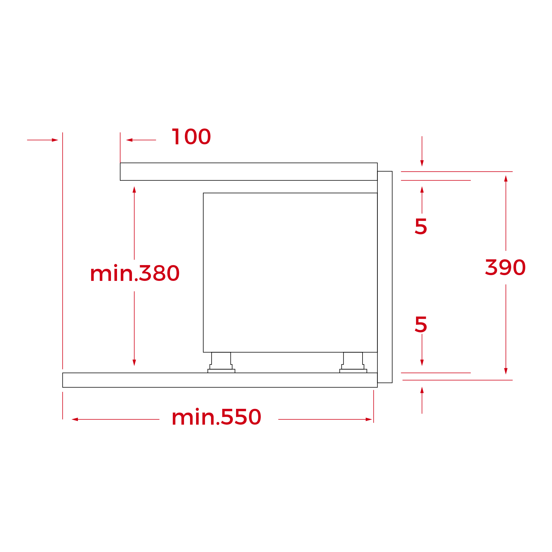 Dibujo técnico de un objeto. Las dimensiones se indican en rojo. El objeto es un armario sobre una plataforma.