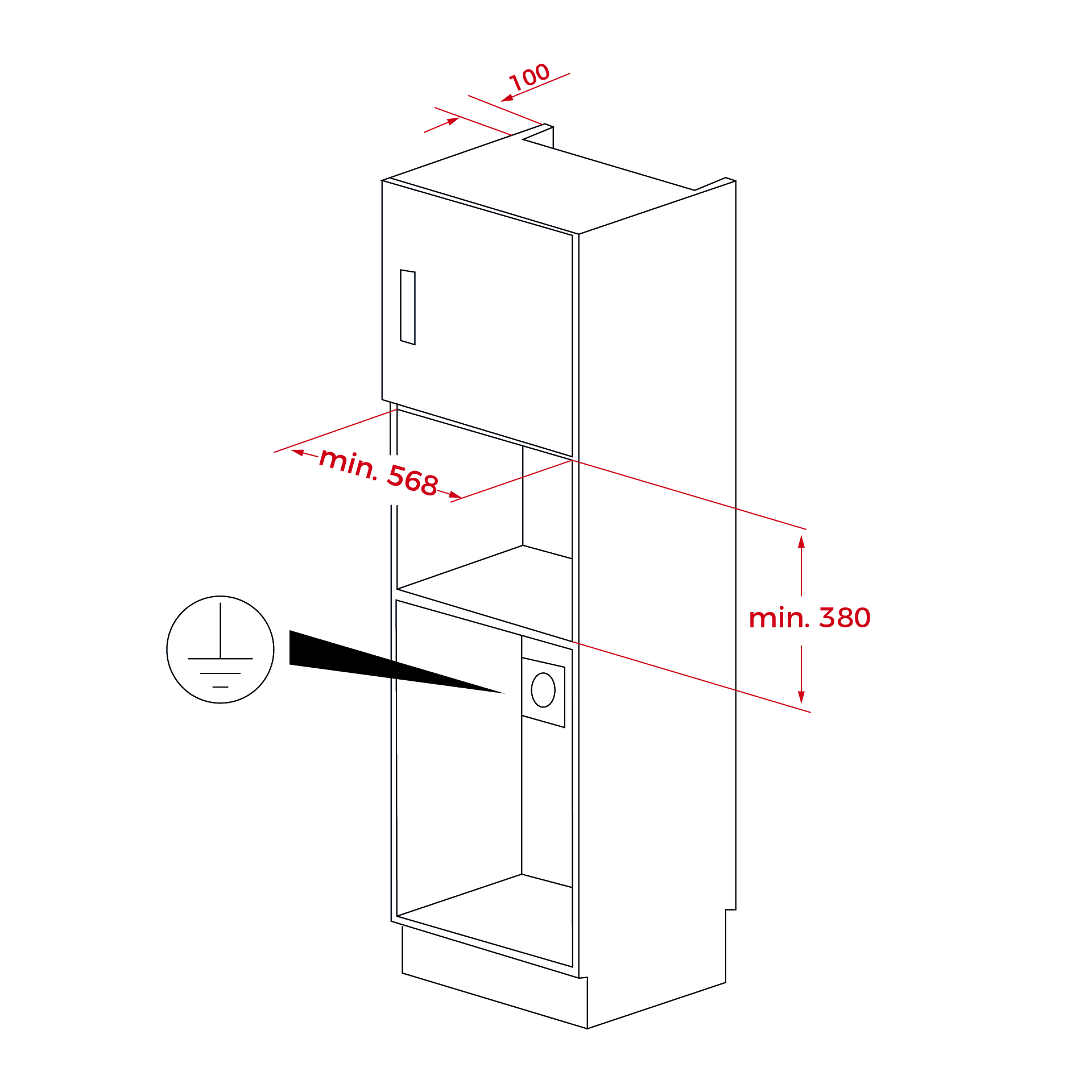 Diagrama de un armario con dimensiones. Incluye una puerta, estantes y un símbolo de toma de tierra.