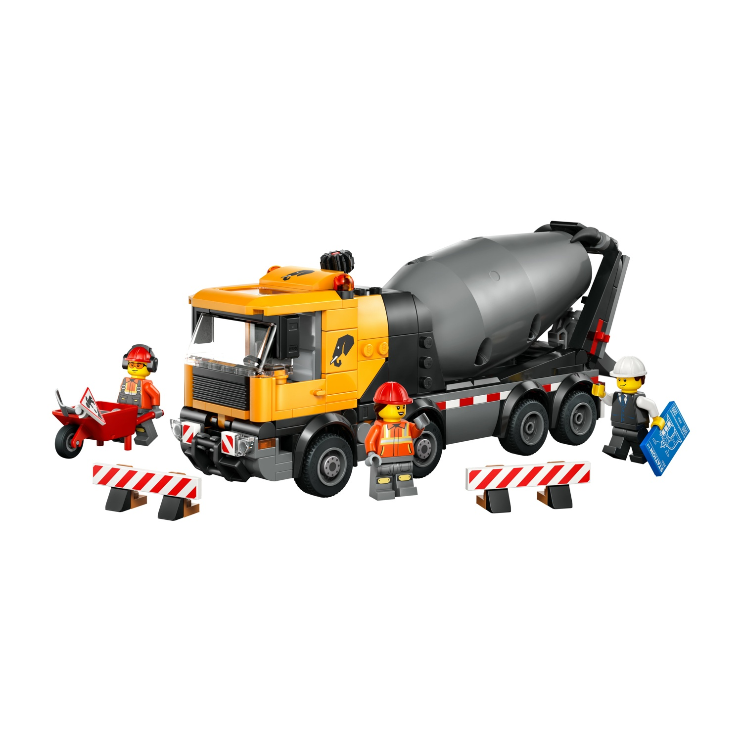 Una scena di costruzione Lego con un camion betoniera, operai, una carriola e delle barricate. Il camion è giallo e grigio.