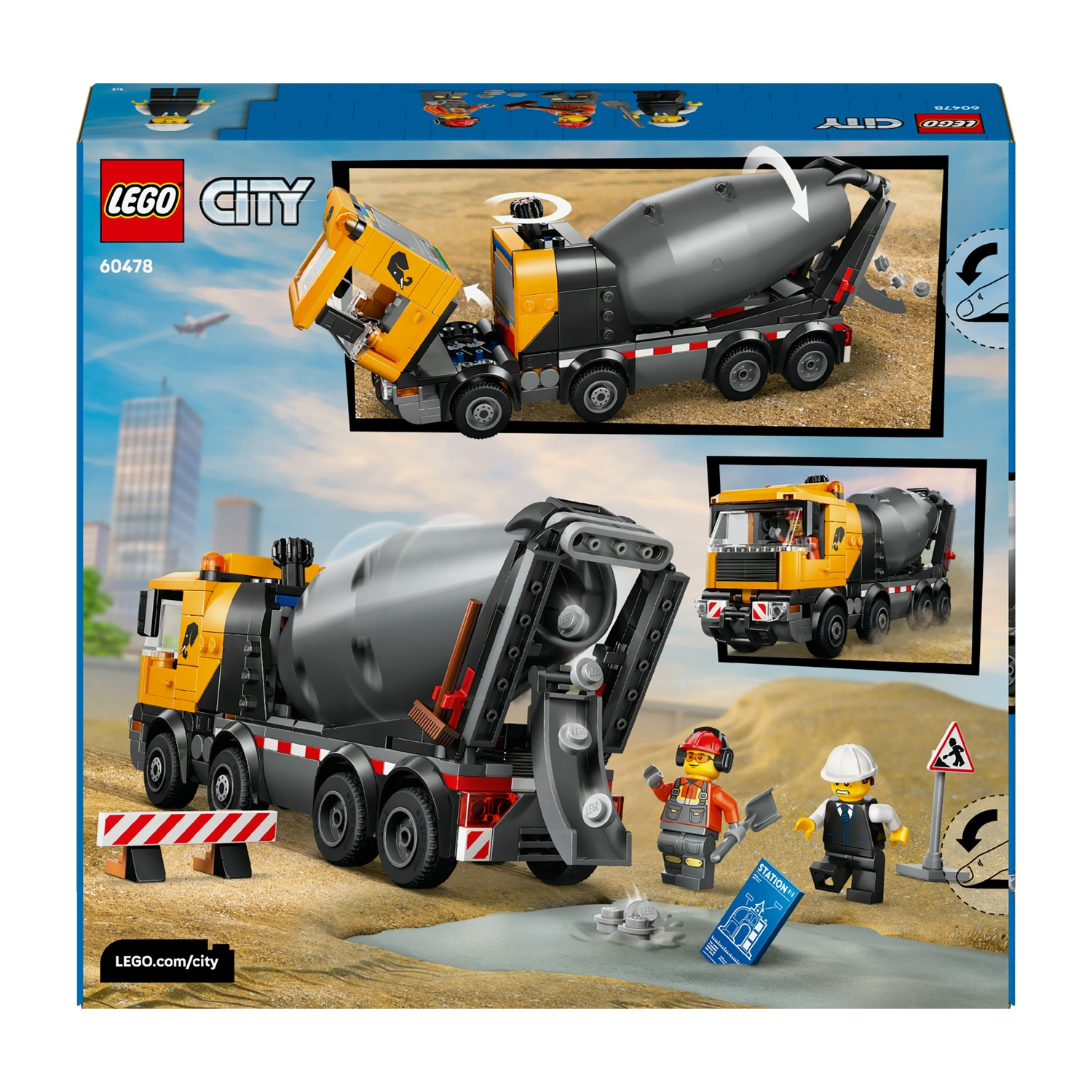 Set camion betoniera Lego City. Camion giallo e nero con betoniera grigia. Include personaggi di operai, segnaletica e un progetto.