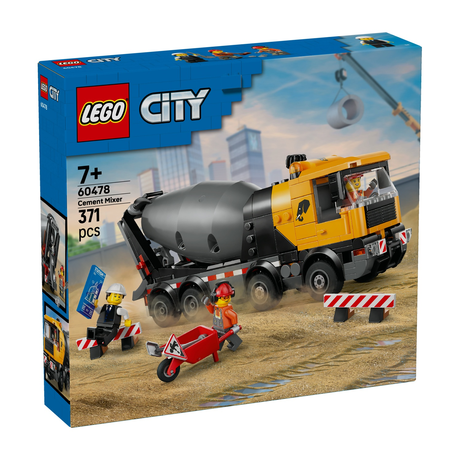Scatola del set Lego City betoniera. Include un camion betoniera, operai, carriola e barriere del cantiere.