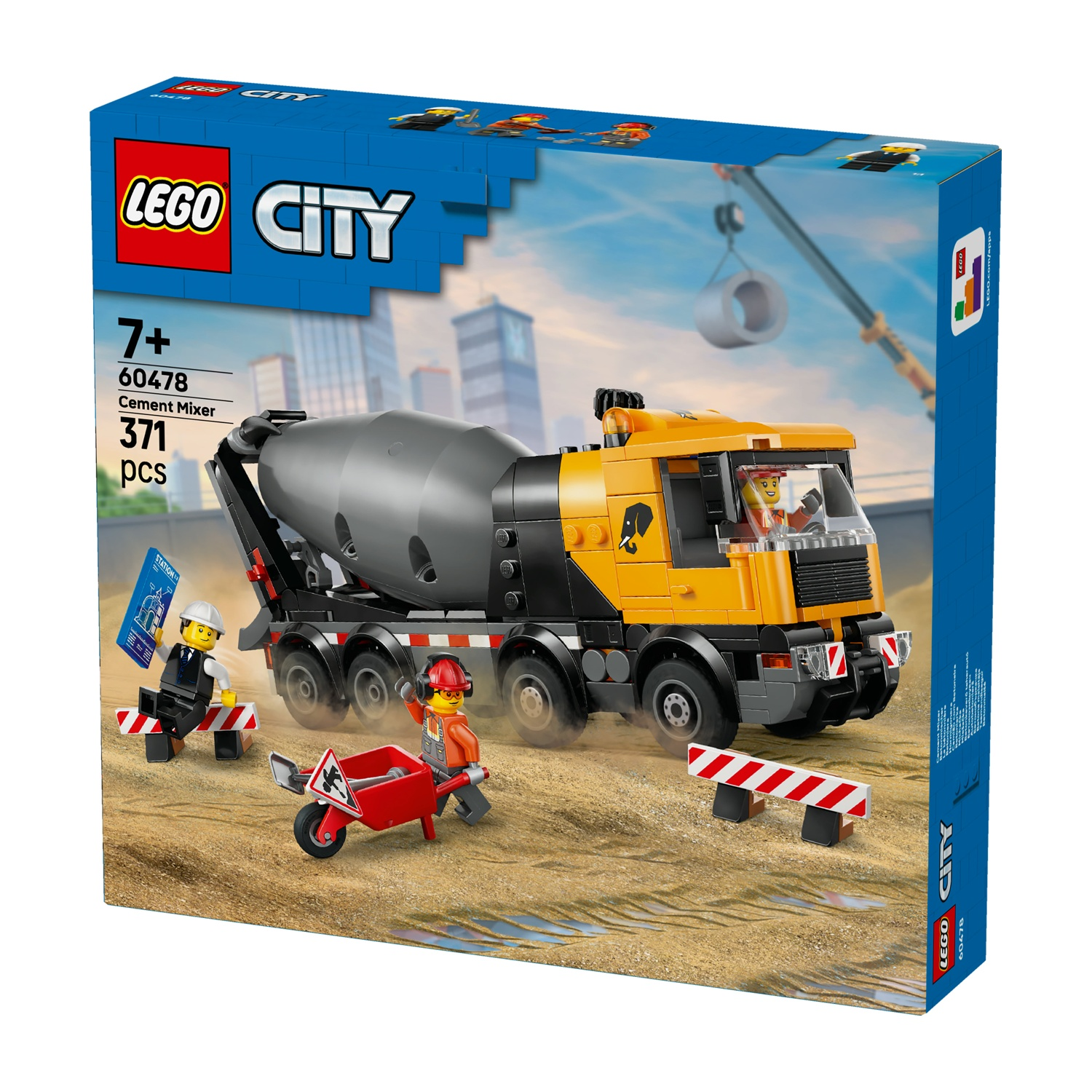 Scatola Lego City Betoniera. Mostra un camion, operai edili, una gru e una carriola.