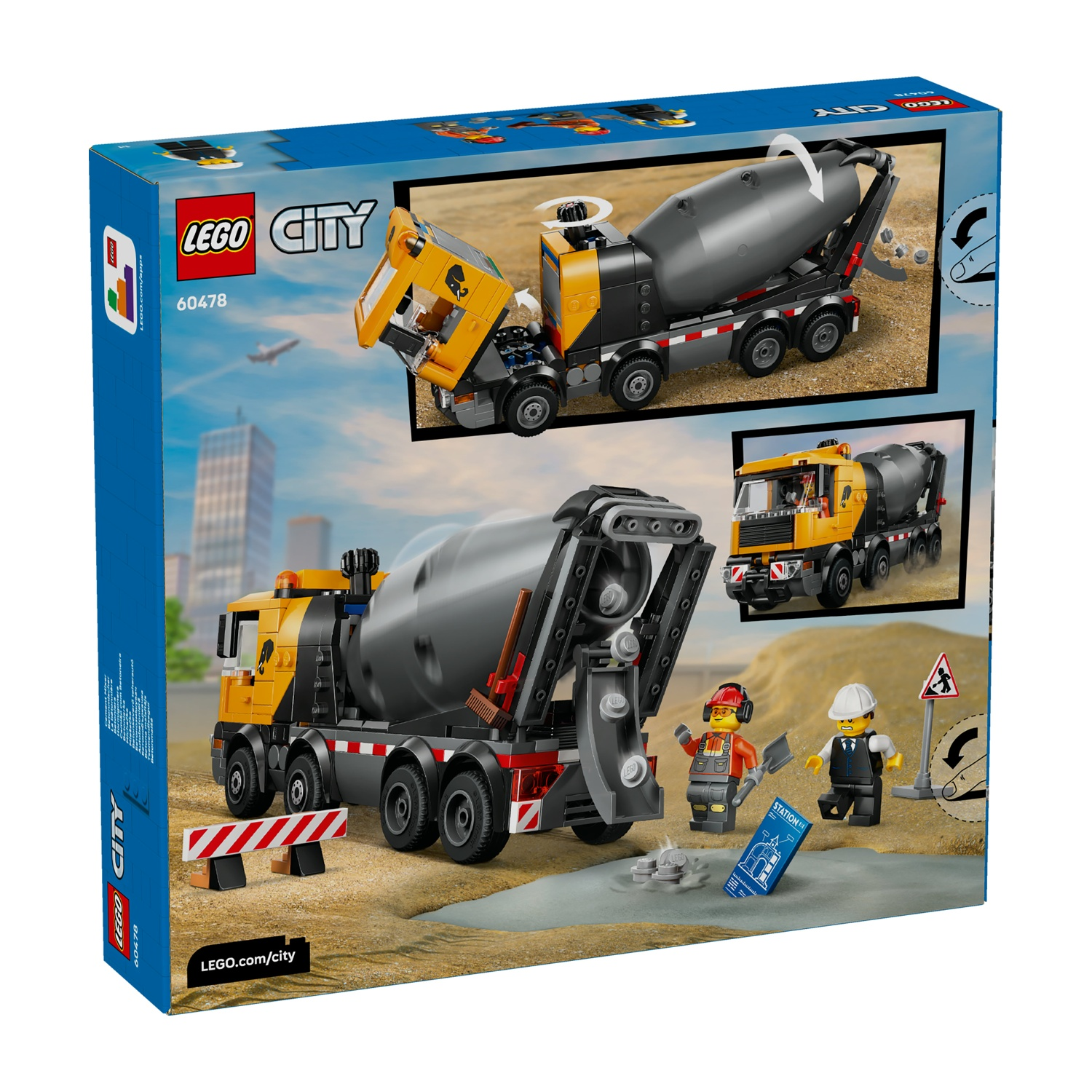 Scatola Lego City. Mostra un camion betoniera giallo e nero. Due personaggi Lego sono accanto a un progetto e a un segnale stradale.