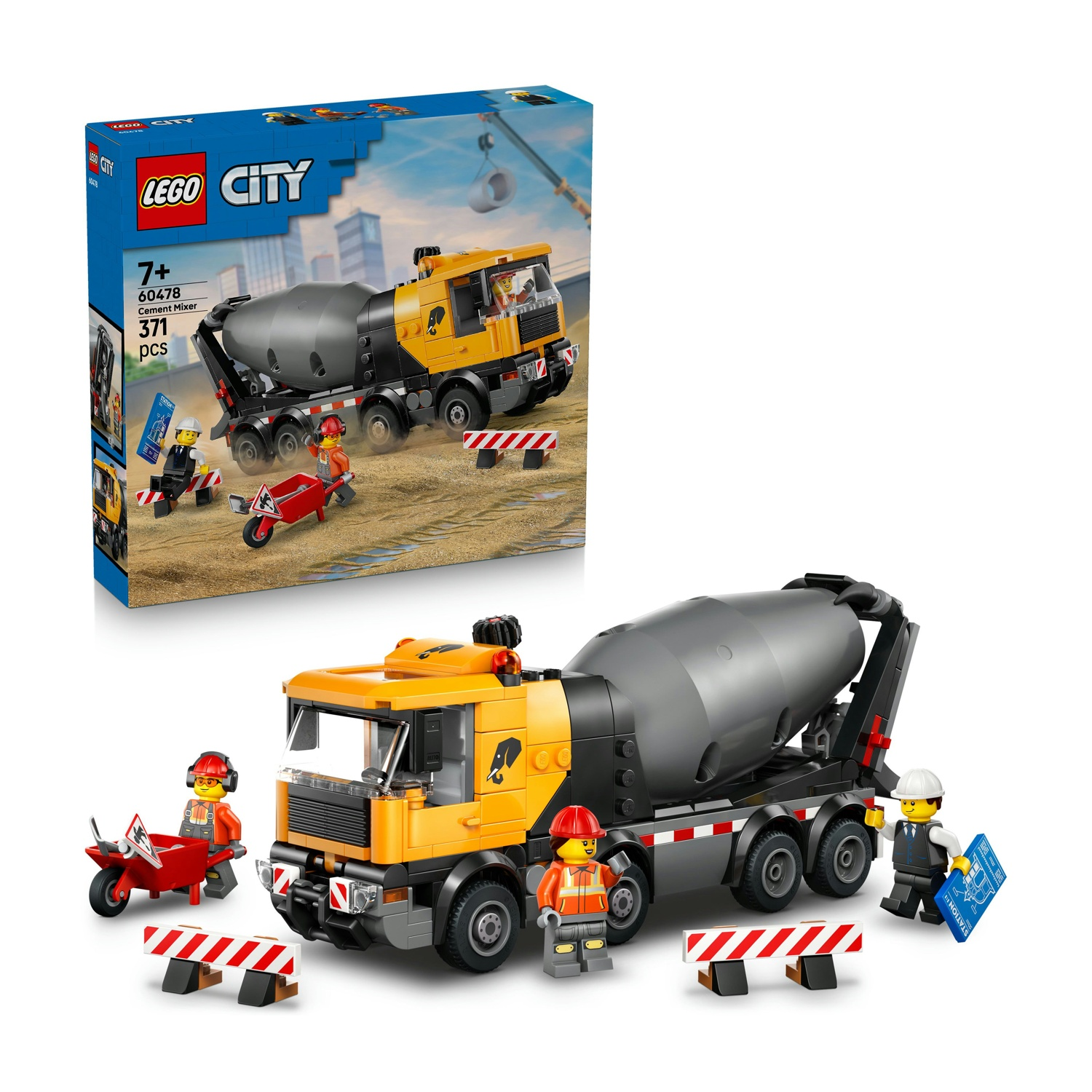Set Lego City Betoniera. Autocarro betoniera giallo e grigio con personaggi, carriola e barriere stradali. La scatola mostra il set.