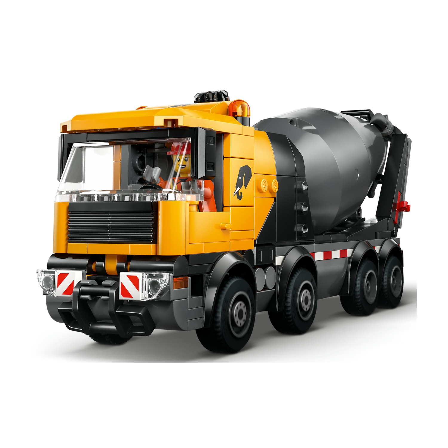 Un camion betoniera Lego con cabina gialla e tamburo rotante grigio. Un personaggio Lego guida il camion.