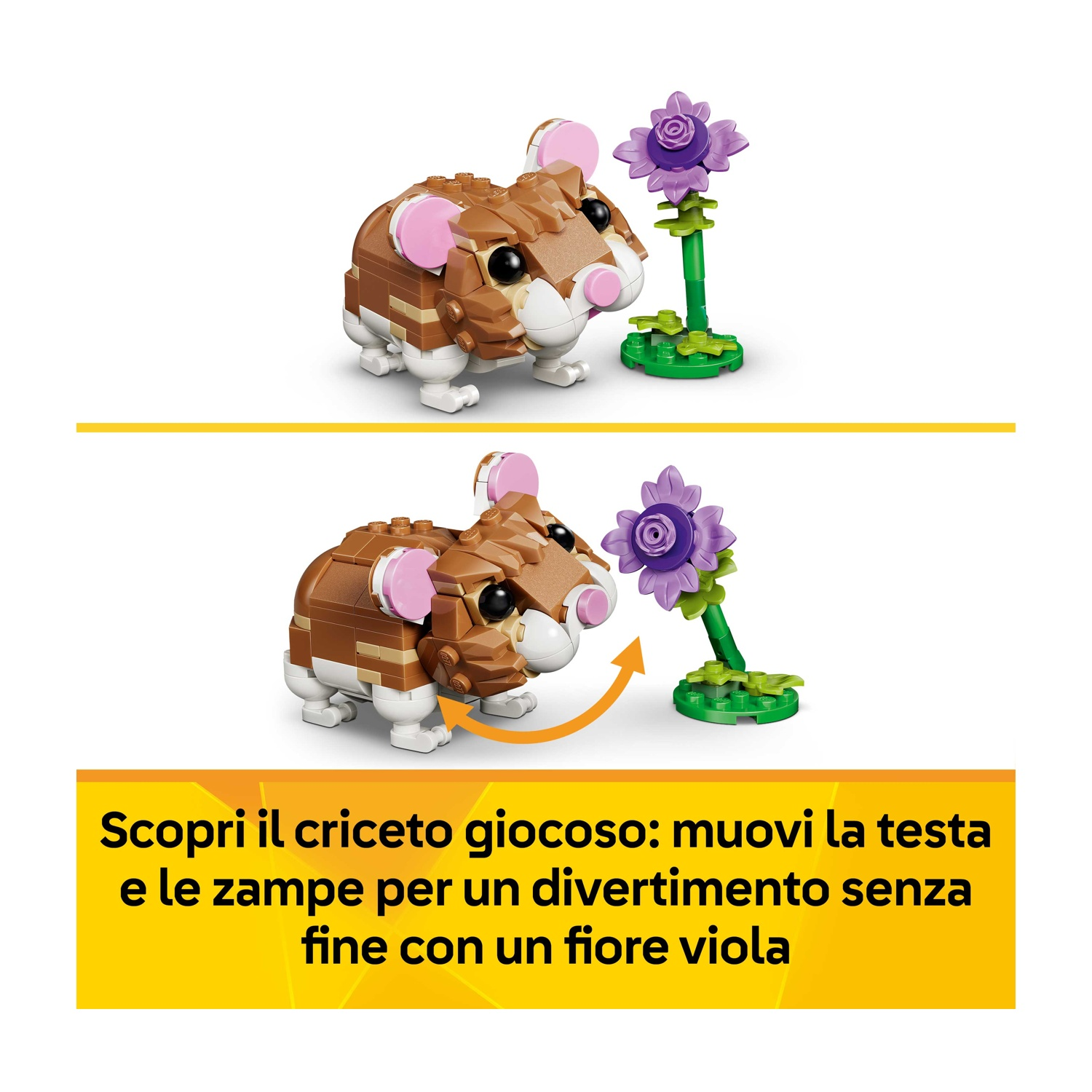 Un criceto Lego con mattoncini marroni e bianchi, orecchie rosa e un fiore viola su uno stelo verde. Testo: Scopri il criceto giocoso.