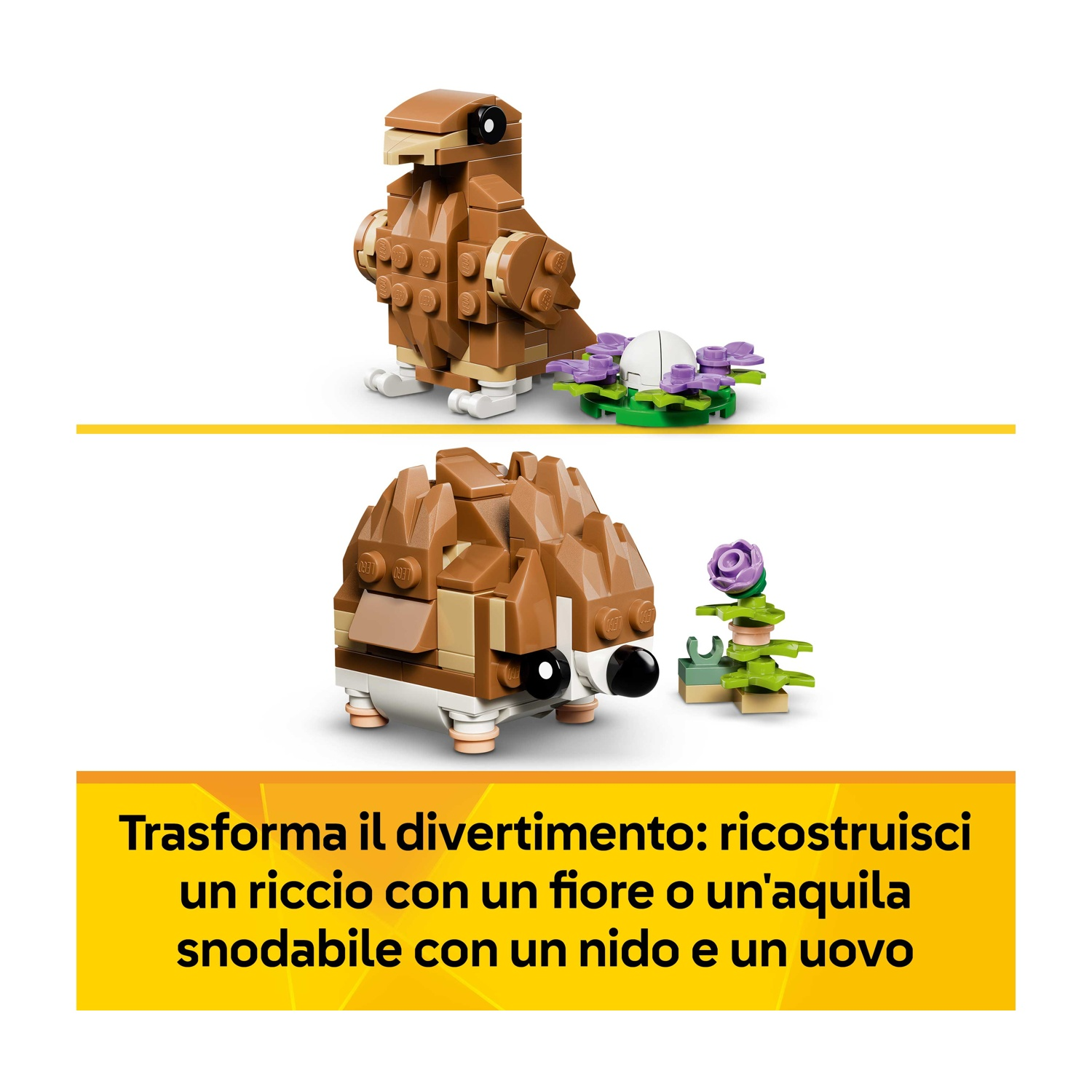 L'immagine mostra costruzioni Lego di un'aquila con un nido e un uovo, e un riccio con un fiore. Testo in italiano.