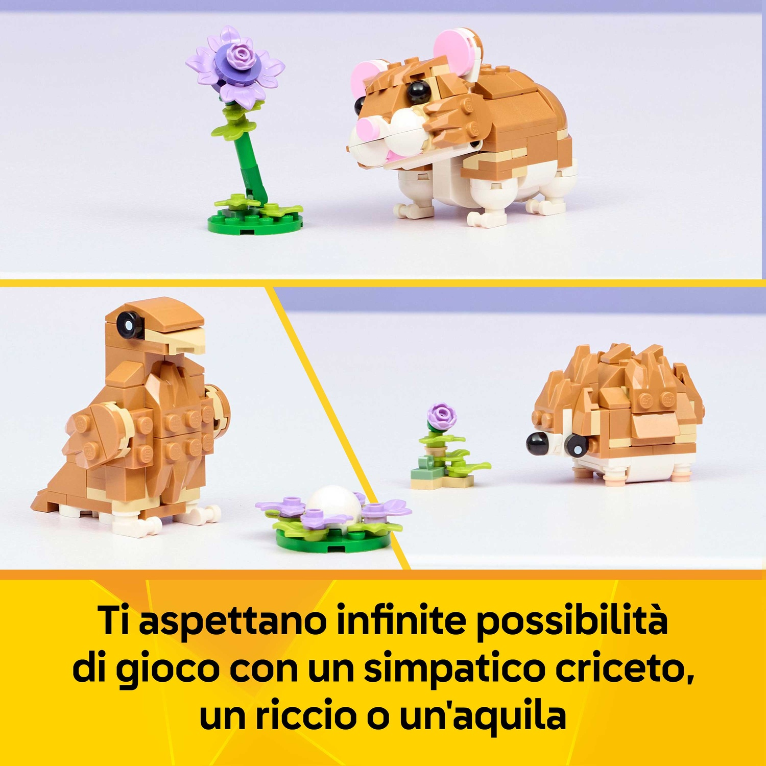 L'immagine presenta animali LEGO: criceto, uccello, riccio e fiori. Il testo dice: infinite possibilità di gioco con criceto, riccio o aquila.