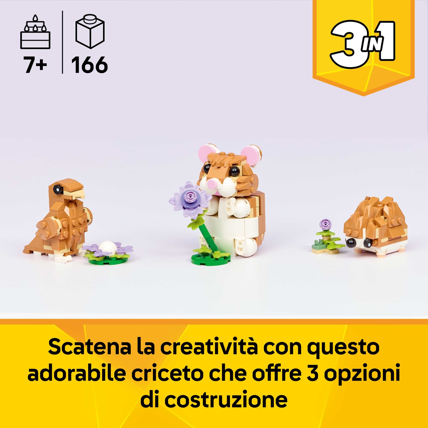 L'immagine mostra 3 costruzioni di animali Lego: un uccello, un criceto con un fiore e un riccio. Lo sfondo è bianco.