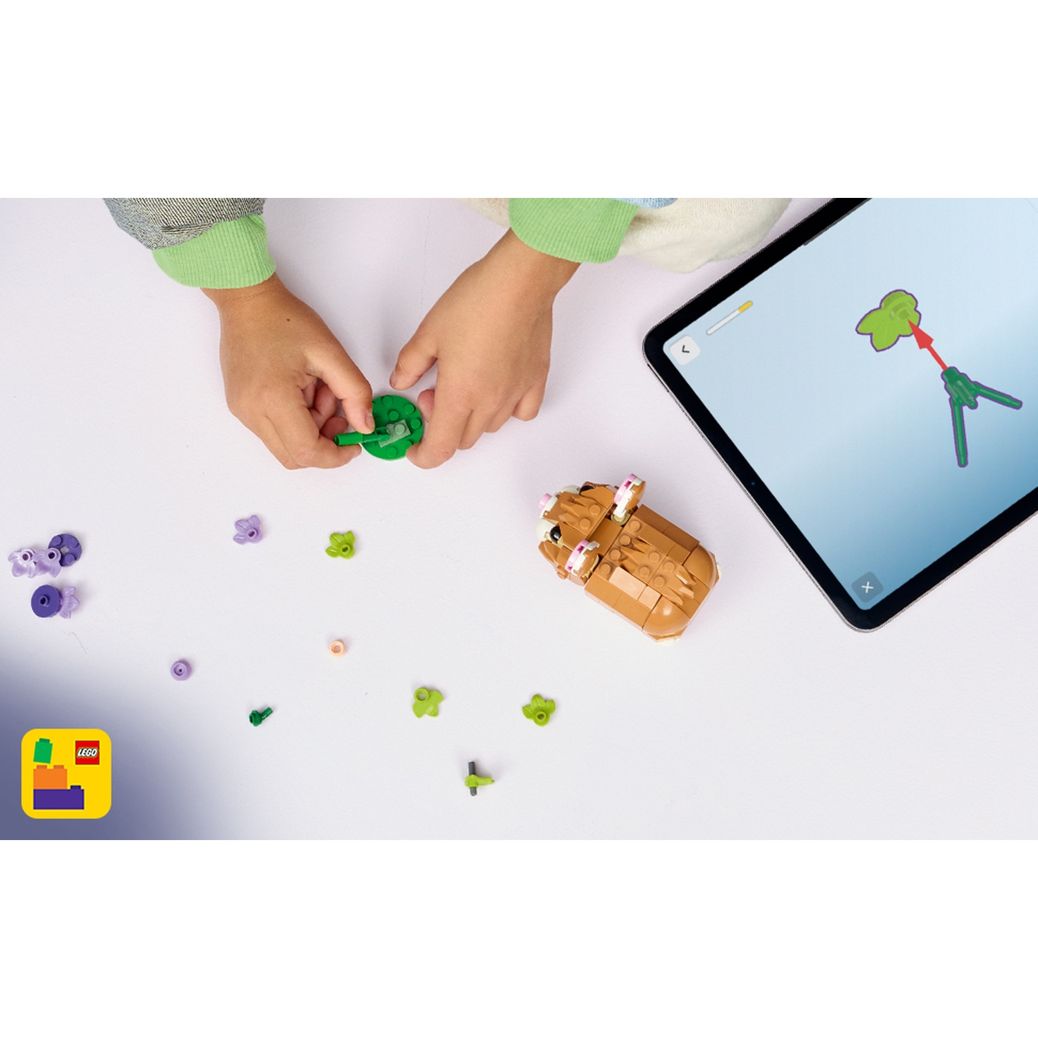 Mani di bambino che assemblano pezzi LEGO. Un tablet mostra le istruzioni. Pezzi LEGO sparsi e un modello di criceto costruito sono visibili.