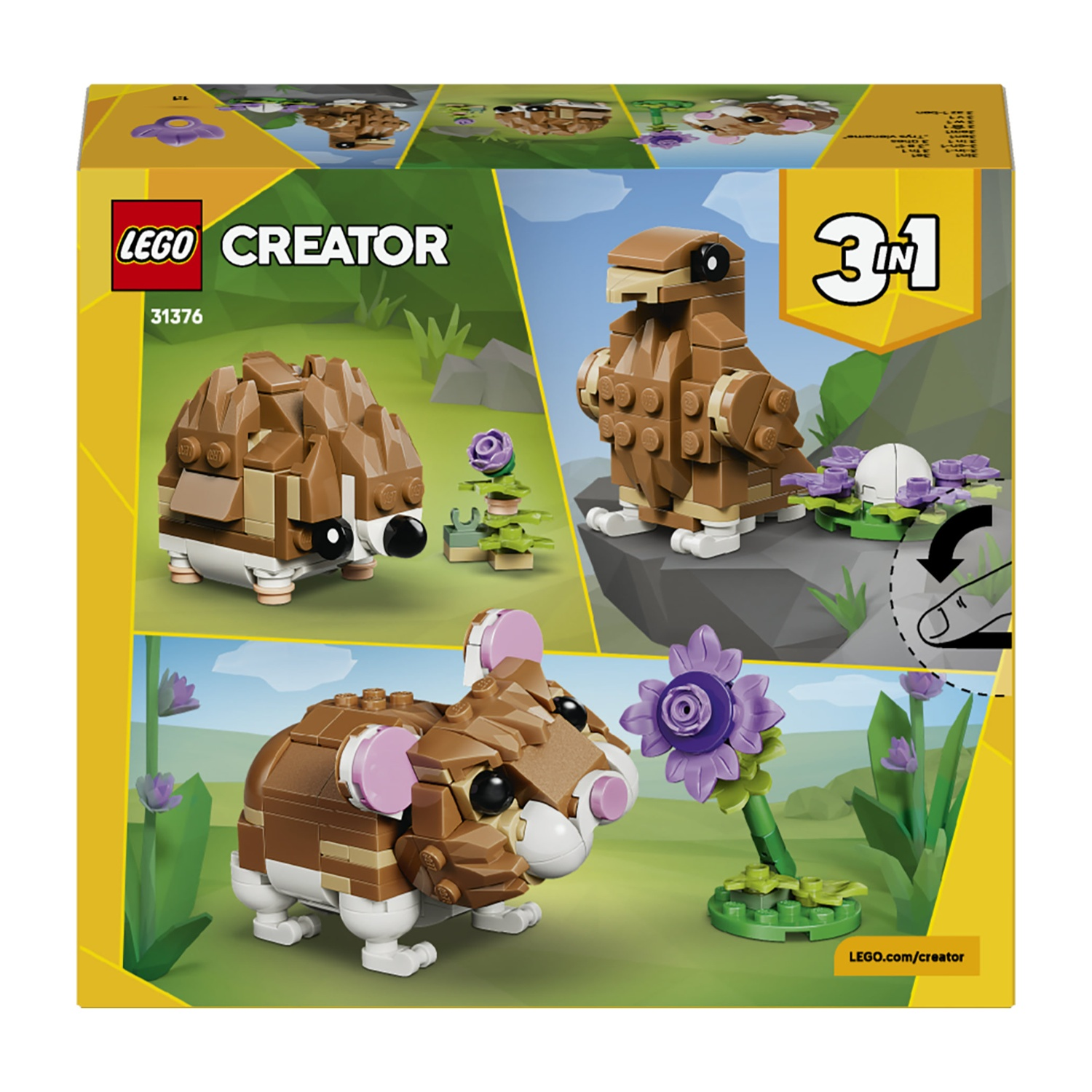 Scatola del set LEGO Creator 3 in 1. Presenta immagini di un riccio, un uccello e un criceto, tutti costruiti con mattoncini LEGO, con fiori.