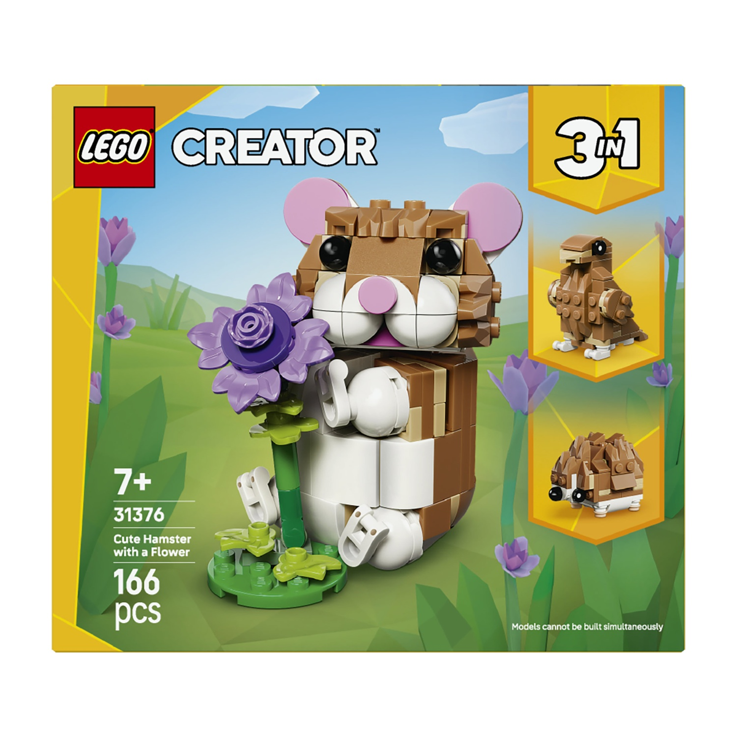 Set LEGO Creator con un criceto con un fiore viola. Include costruzioni alternative. La scatola è verde, bianca, marrone e blu.