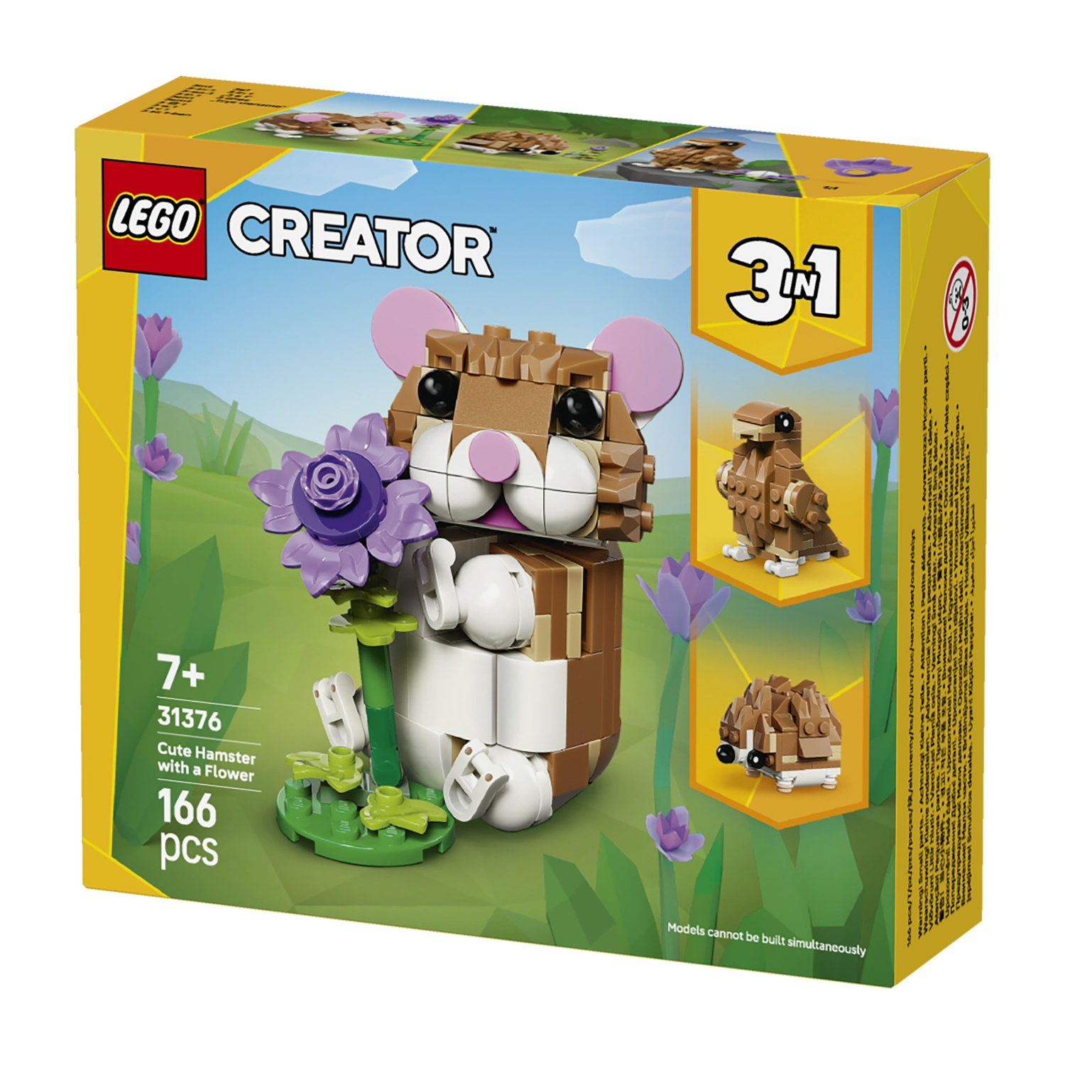 Scatola LEGO Creator: un criceto con un fiore costruito con blocchi. La scatola mostra altri modelli. Testo: 7+, 166 pezzi.