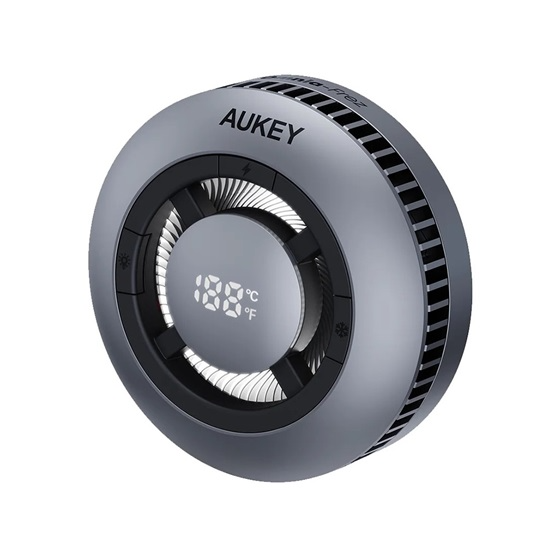 Egy szürke AUKEY légkeverő. A készülék 188 fokot mutat. Digitális kijelzője és ventilátorlapátjai vannak. A készülék kerek.