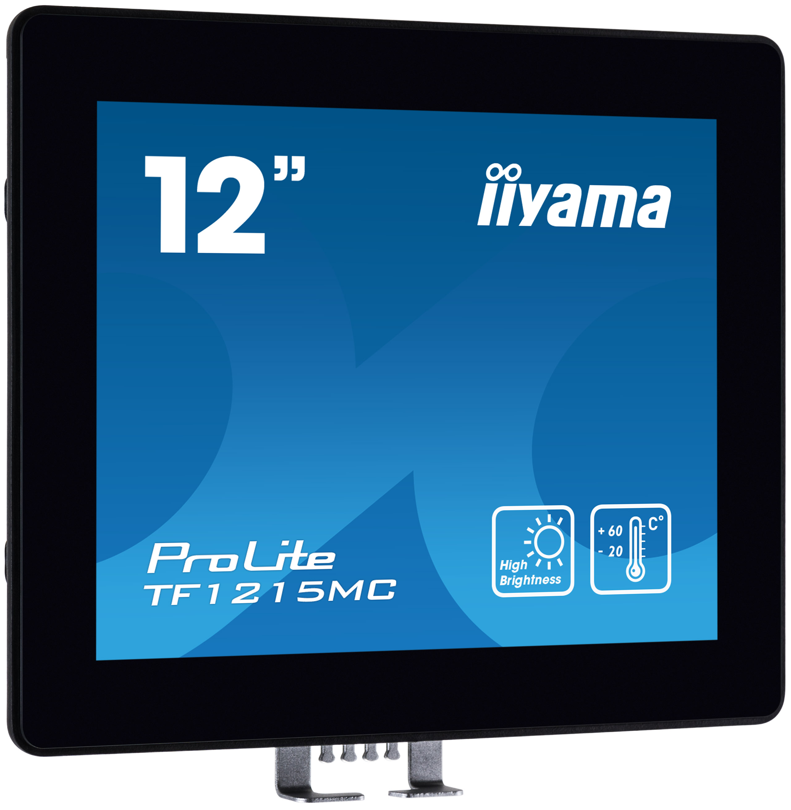 Ein schwarzer iiyama ProLite TF1215MC Monitor. Es hat einen blauen Bildschirm mit weißem Text und Symbolen. Unten ist ein Metallständer.