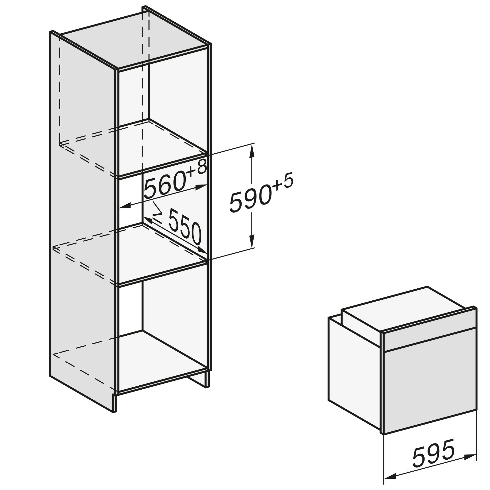 Diagrama de un armario alto y uno más pequeño. Las dimensiones están etiquetadas con flechas y números.