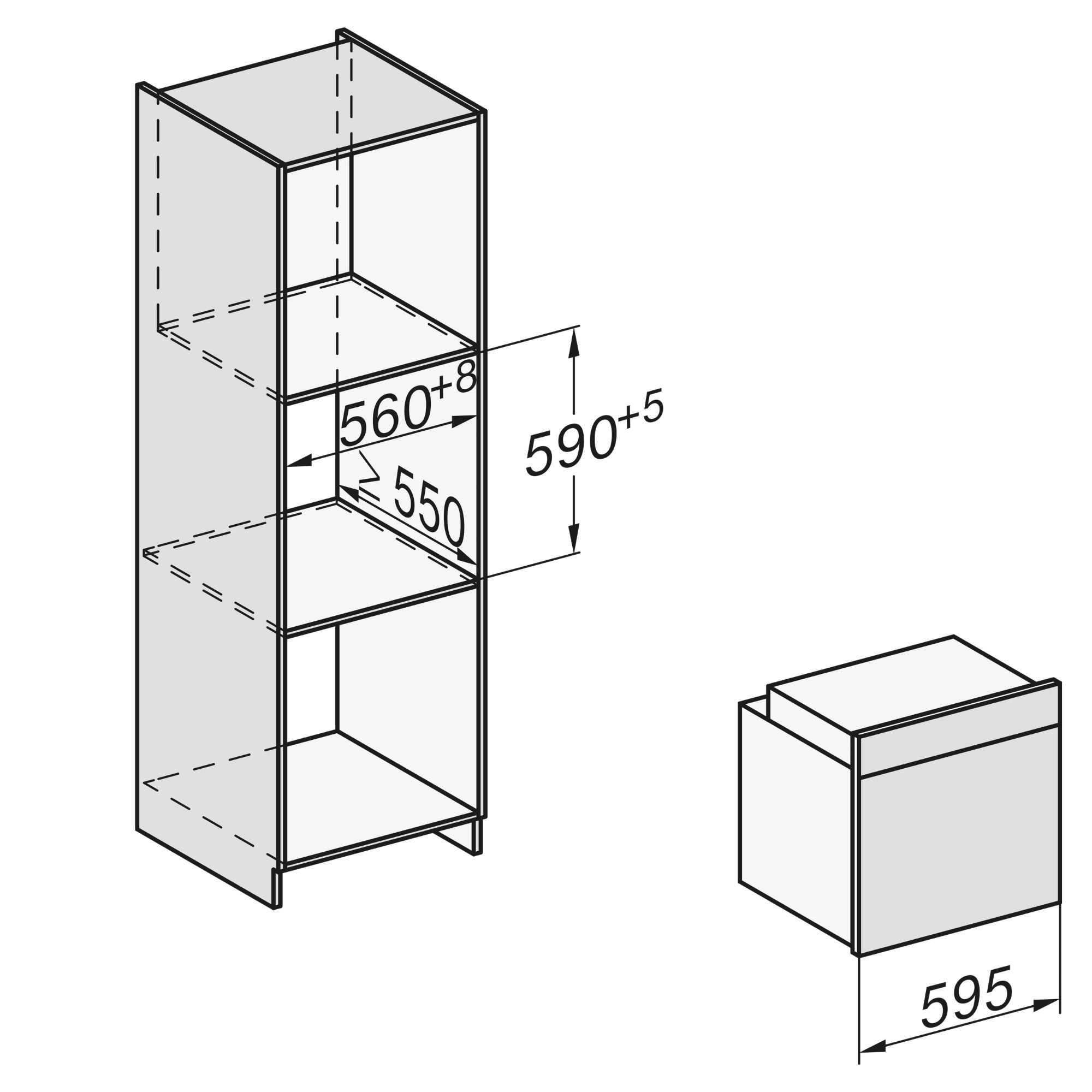 Diagrama de un armario con dimensiones. El armario es rectangular, con medidas indicadas. Hay una caja rectangular más pequeña a la derecha.
